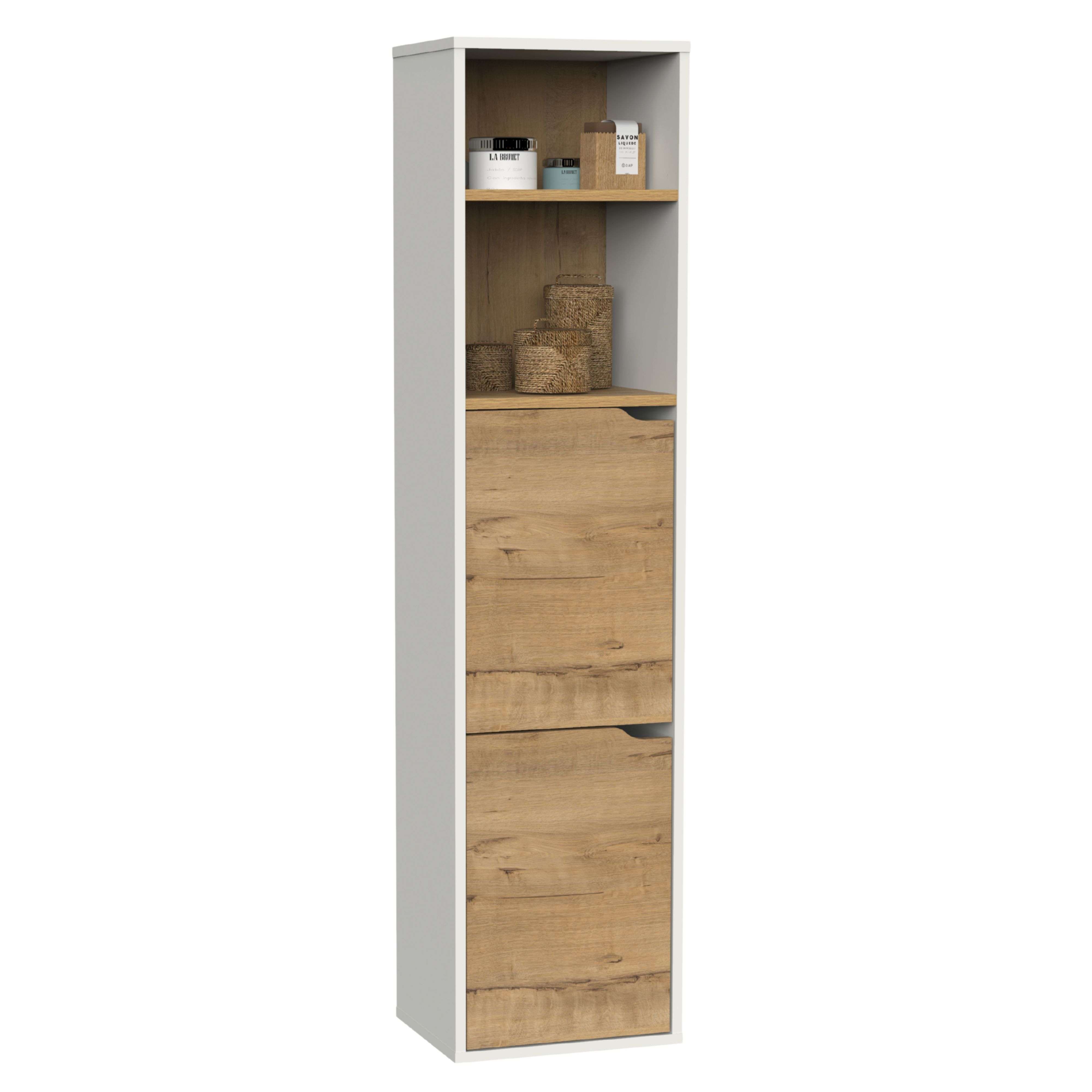 Miroytengo Columna de Baño Suspendida Nadia 2 huecos, estantes regulables, 2 armarios Blanco mate y Roble gold 37x150x30 cm