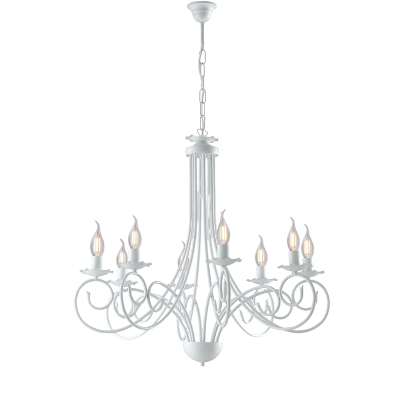Alma - Lámpara de araña de hierro lacado en blanco con decoración. Lámpara de techo efecto shabby chic 8 luces 128 - Ø67 - BL130-8-BCO - Belight
