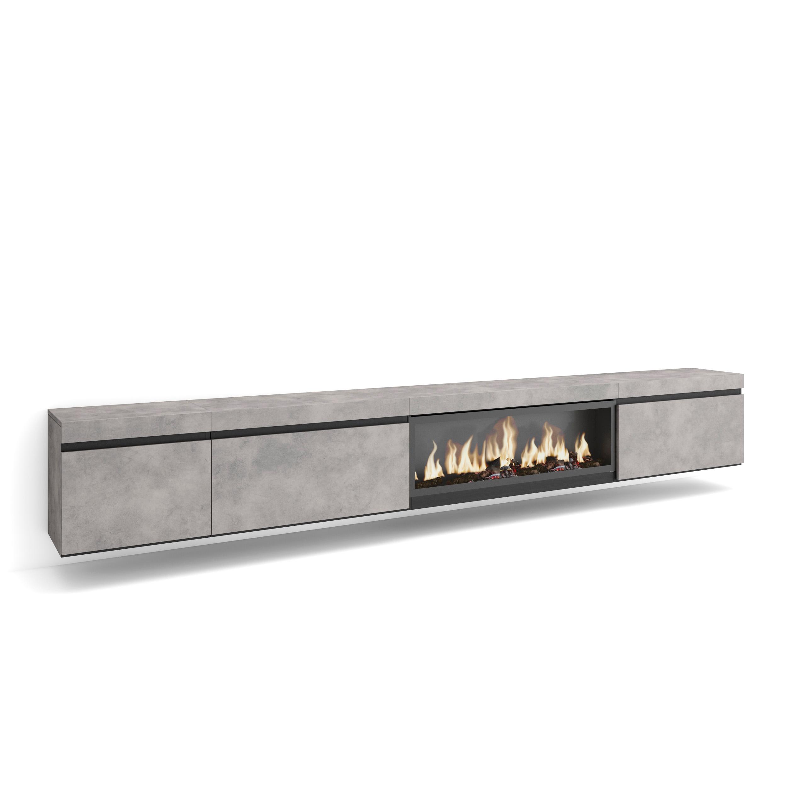 Skraut Home, Mueble TV, Televisión, Muebles de salón, almacenaje, 317x35x45cm, Chimenea eléctrica XXL led efecto fuego 3d, Colgado, Gris Cemento