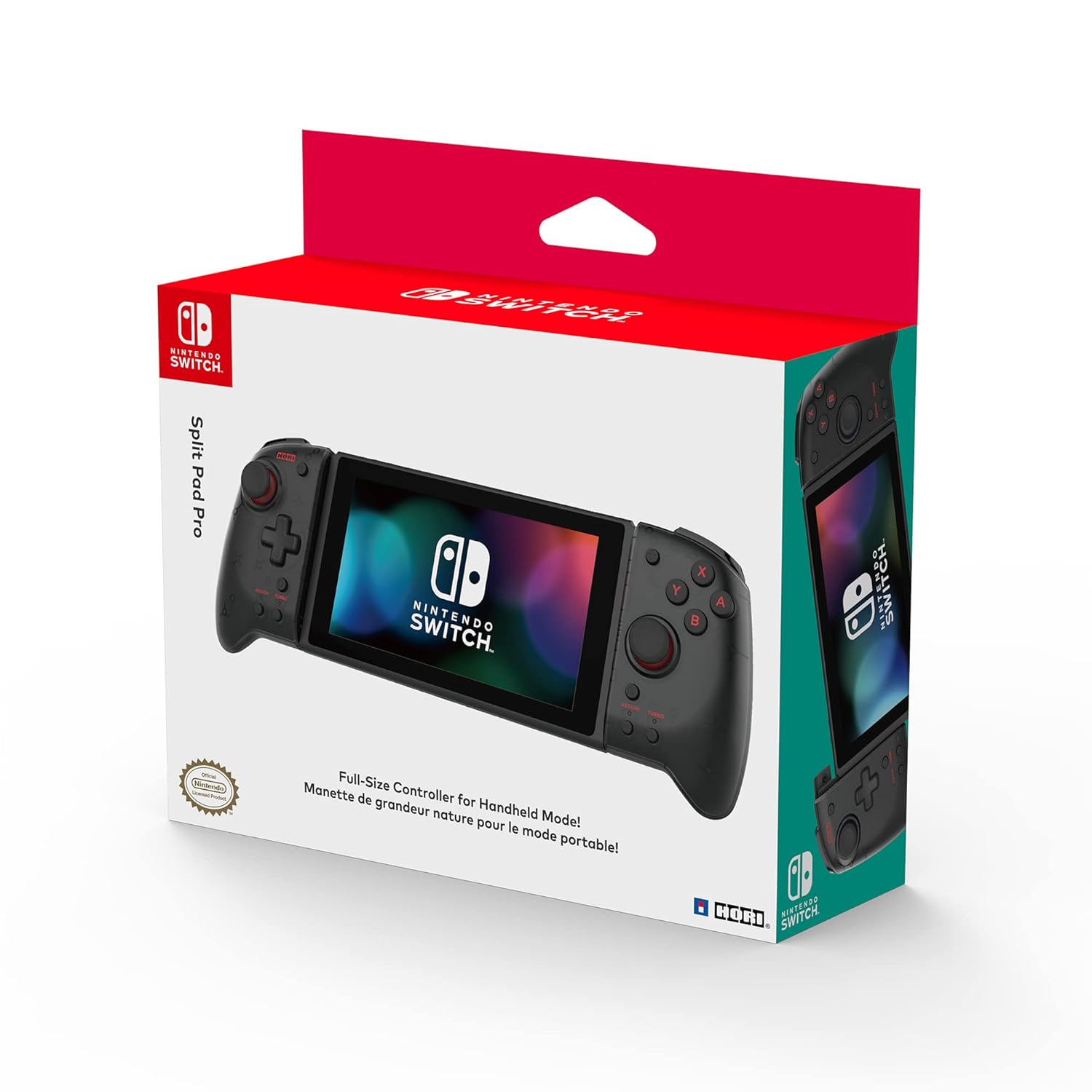 HORI - Mando Split Pad Pro NSW-298U para Nintendo Switch en modo portátil, ergonómico con sticks analógicos grandes, botones traseros asignables y función Turbo – Negro translúcido