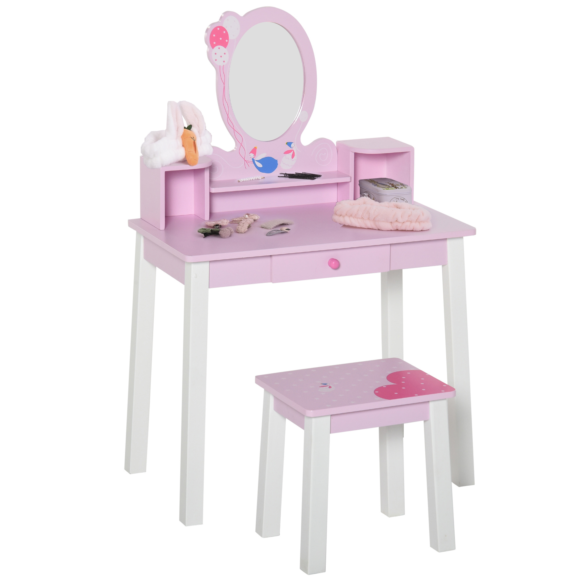 HOMCOM Tocador Infantil con Taburete y Espejo tipo Princesa Mesita de Maquillaje de Madera Rosa Juguete para Niñas de 3+ Años 60x34x93 cm
