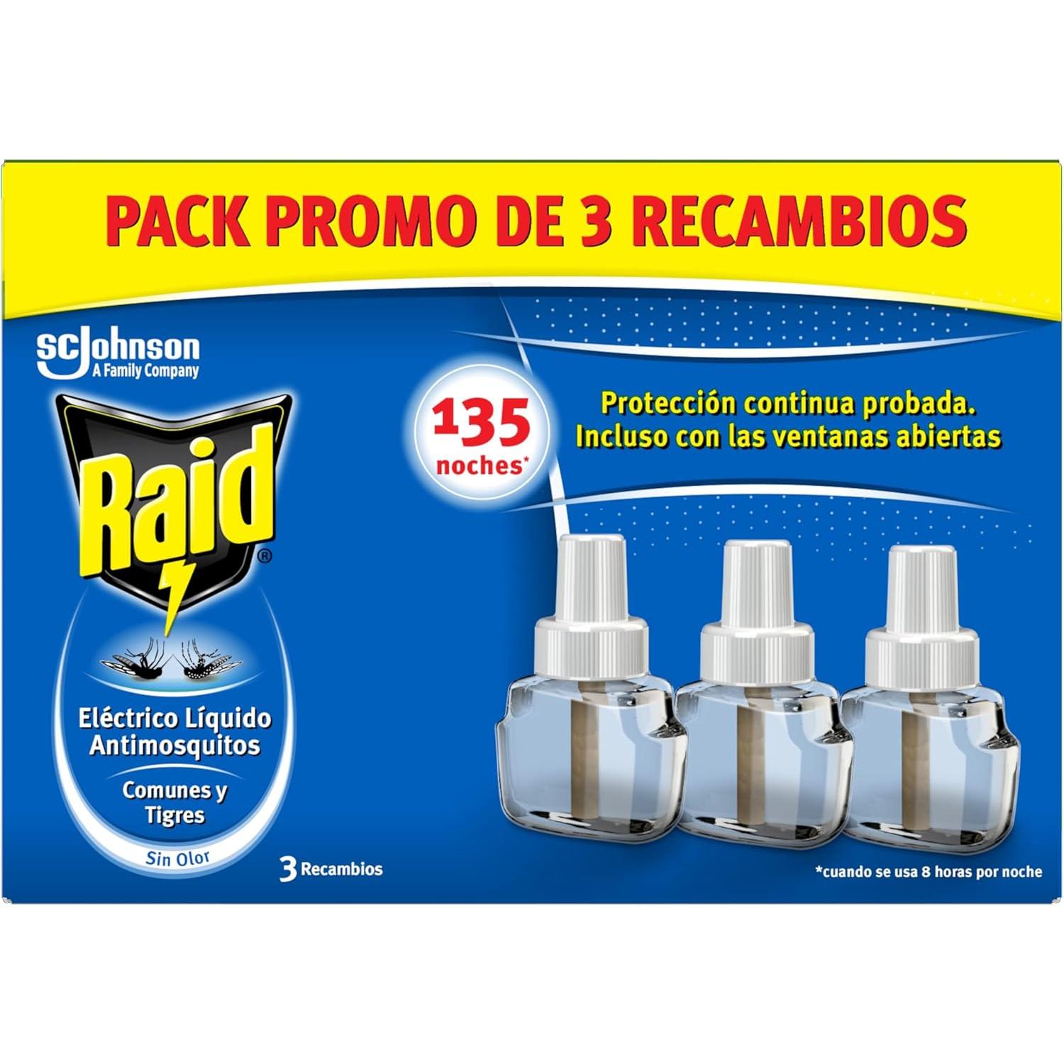 Raid Eléctrico Líquido 135 Noches - Recambios Anti Mosquitos comunes y Tigre - 3 recambios de 45 Noches