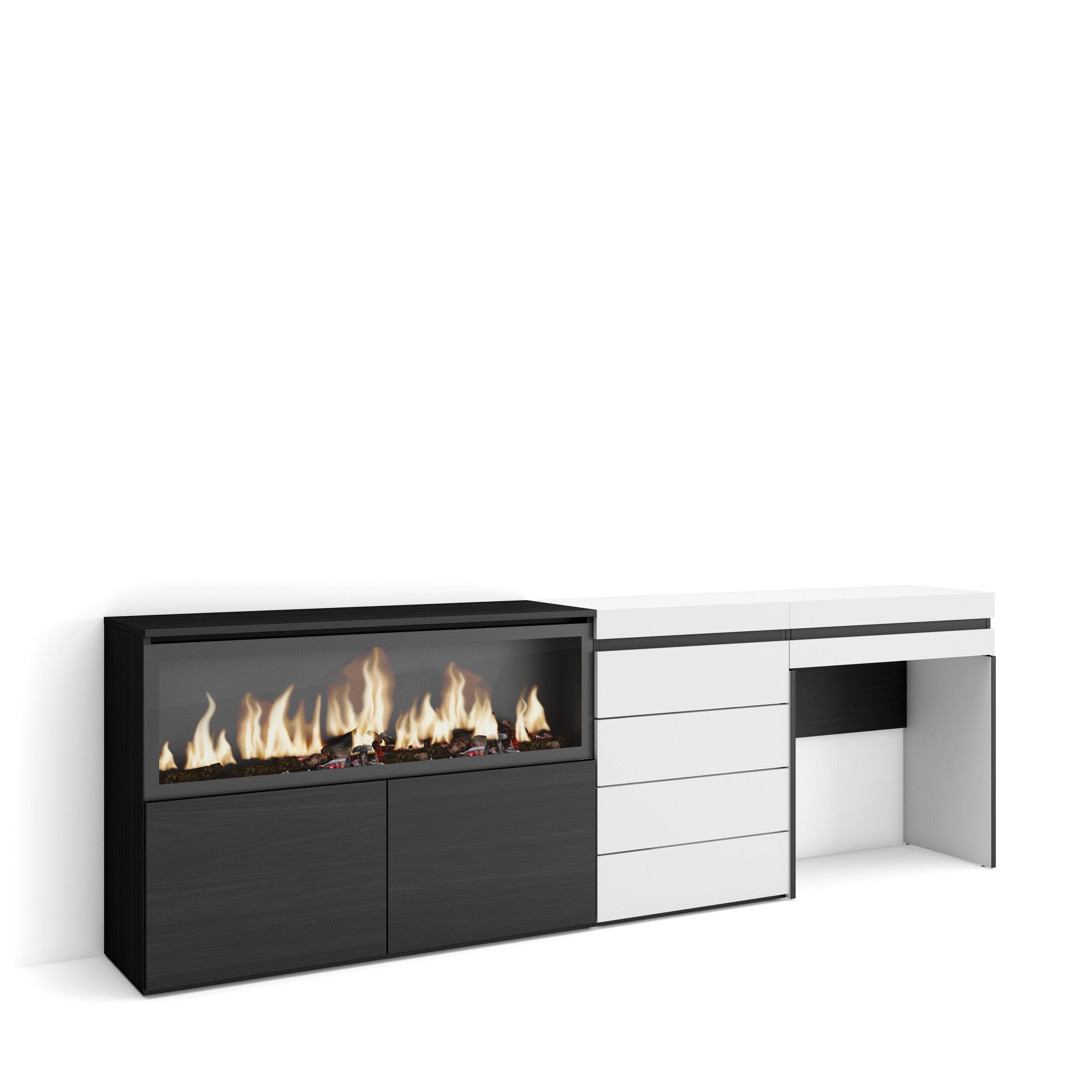 Skraut Home, Tocador cajón, 234x35x75cm, Chimenea eléctrica XXL led fuego 3d,  Cajonera 4 cajones, Varios colores
