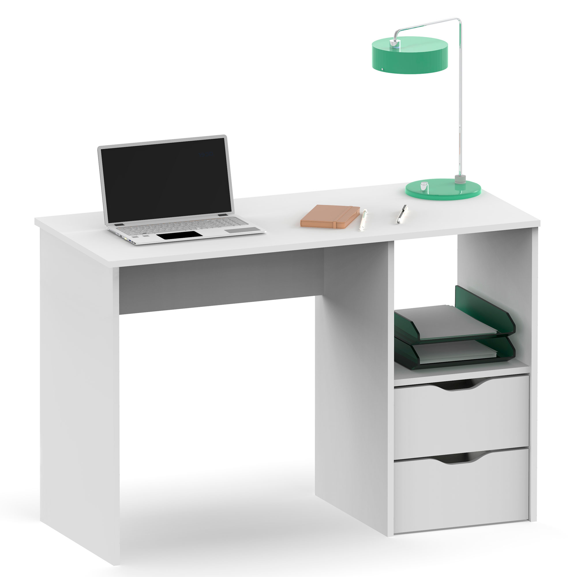 Briebe Prakt Escritorio, Mesa de Ordenador 76x115x50cm 2 Cajones, Oficina, Habitación Juvenil, Desk, Tocador, , Blanco