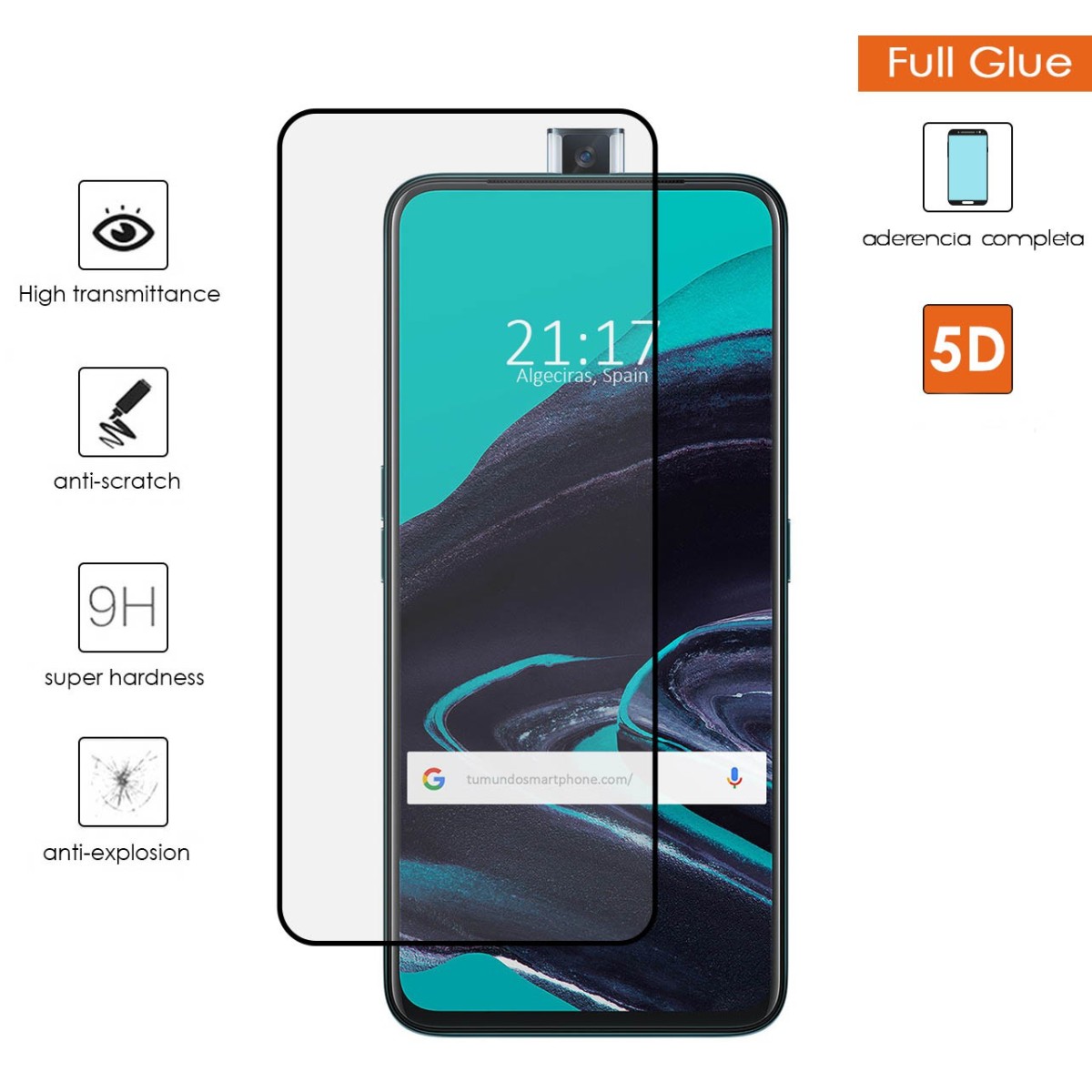 Tumundosmartphone Protector Cristal Templado Completo 5D Full Glue Negro para Oppo Reno 2Z Vidrio