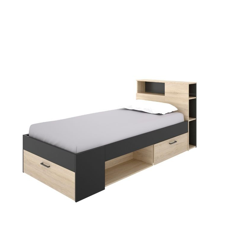 MOBELCENTER - Cama Juvenil e Infantil Lanka con Cajones y Estantería - Color Grafito y Natural - Ancho: 99 cm x Fondo: 218 cm x Alto: 96 cm (1349)