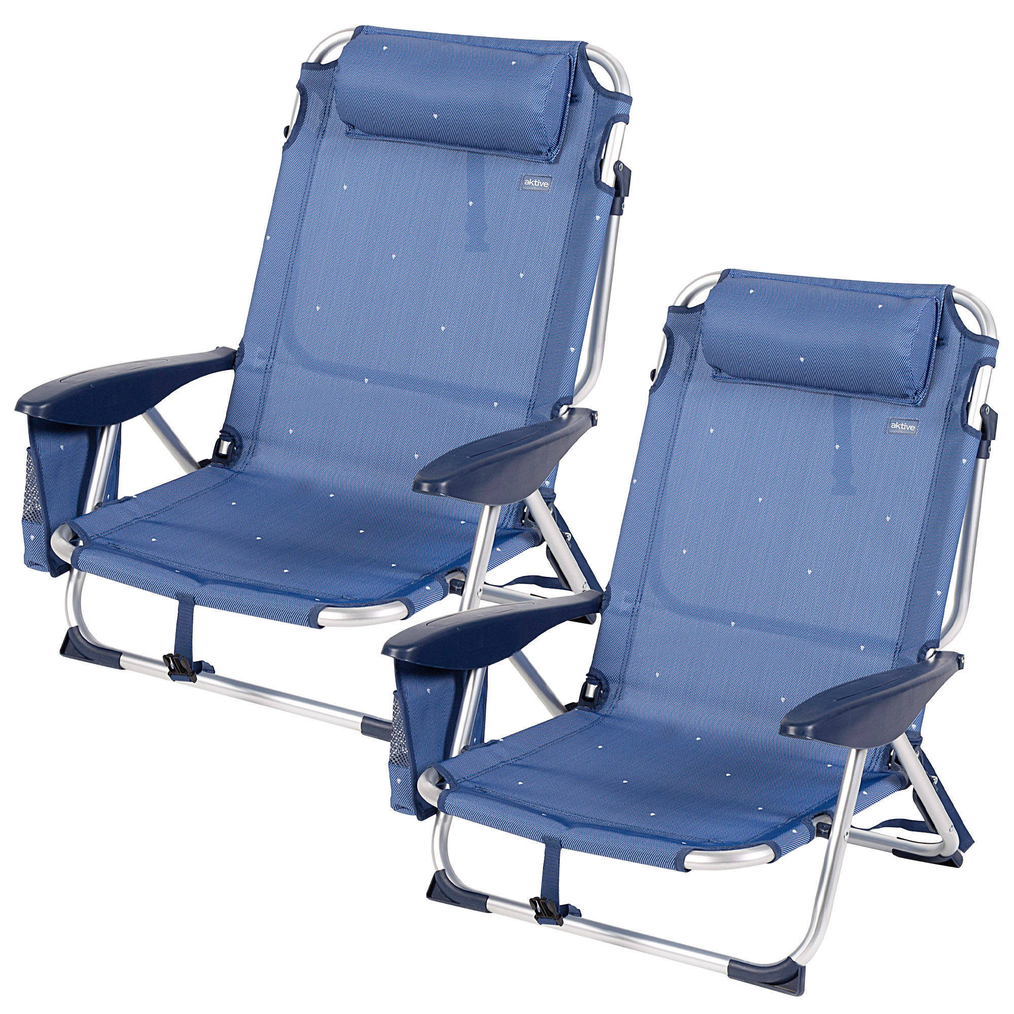Aktive - Silla de playa plegable con respaldo reclinable 4 posiciones, 51x45x76 cm, fabricada de aluminio y textileno, con cojín, bolsillo lateral, topes antivuelco y asa hombro, máx. 110 kg, sillas de playa, sillas plegables, accesorios verano