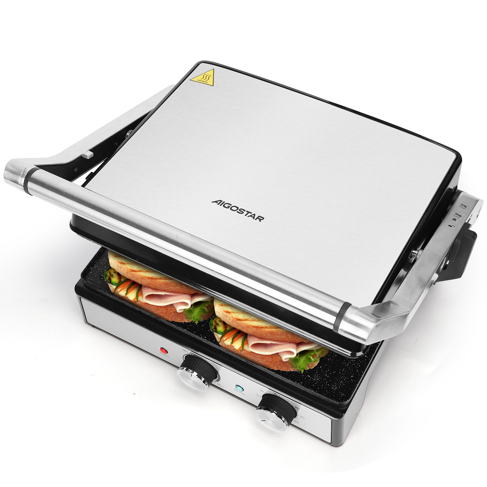 AIGOSTAR Parrilla Eléctrica, Grill, Panini, Sandwichera, 2000W. Regulador de temperatura, apertura 180º