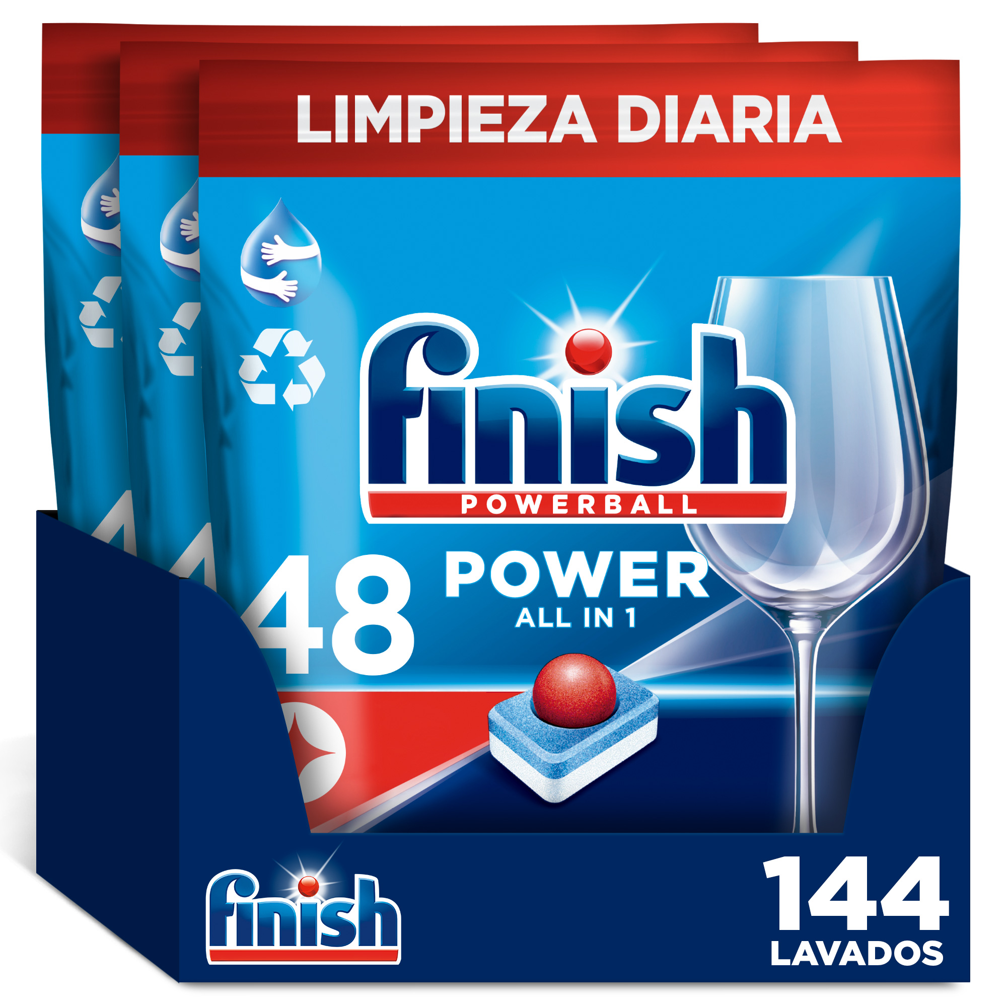 Finish - Finish Poweball Power All in 1 Pastillas para lavavajillas Regular 144 pastillas, Limpieza y Brillo Diario
