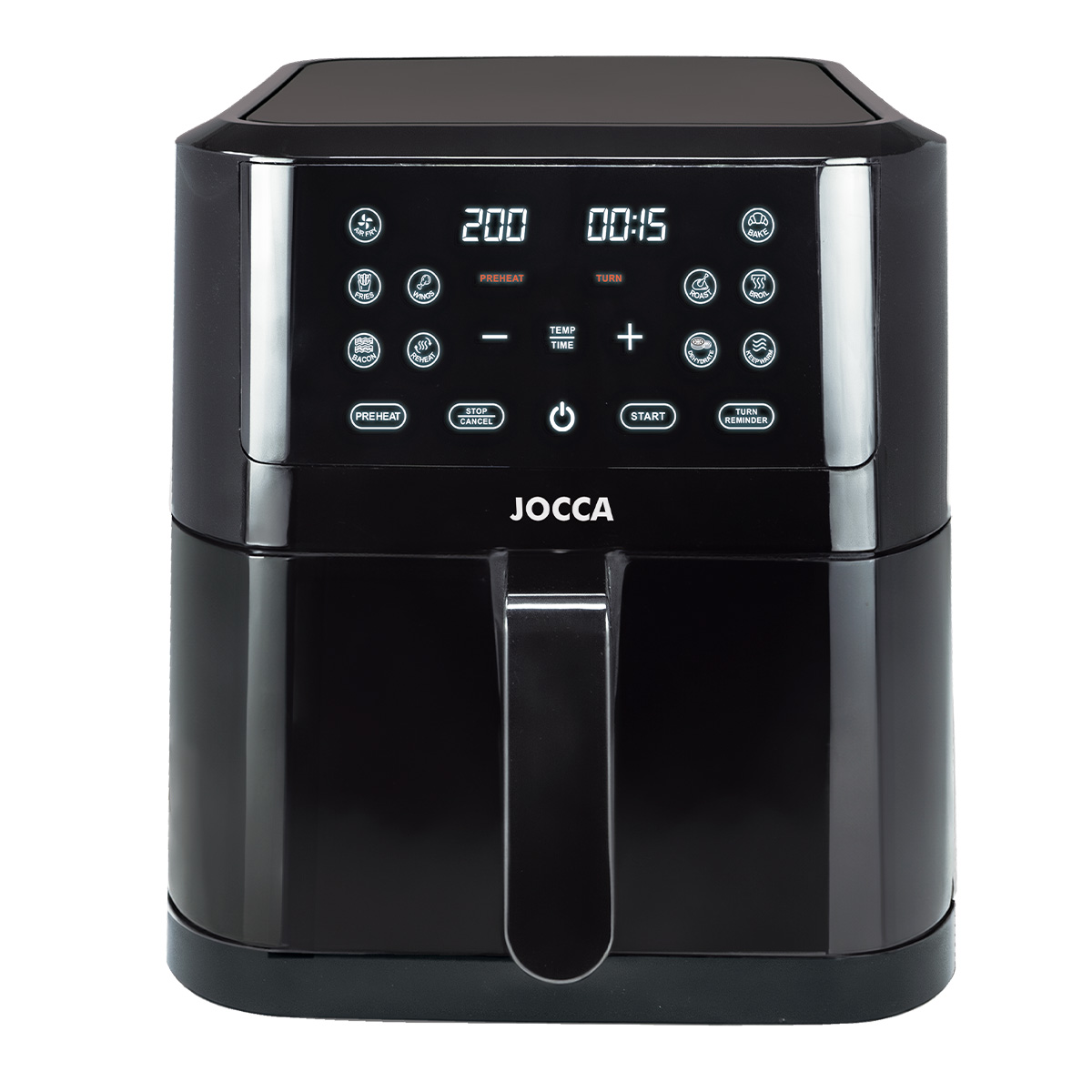 Freidora de aire digital Jocca 8L con 10 programas automáticos, pantalla LED táctil, función precalentar, deshidratar y mantener caliente, rejilla antiadherente, apagado automático, Temperatura 34–200°C y potencia 1800W. Cocina sin aceite.
