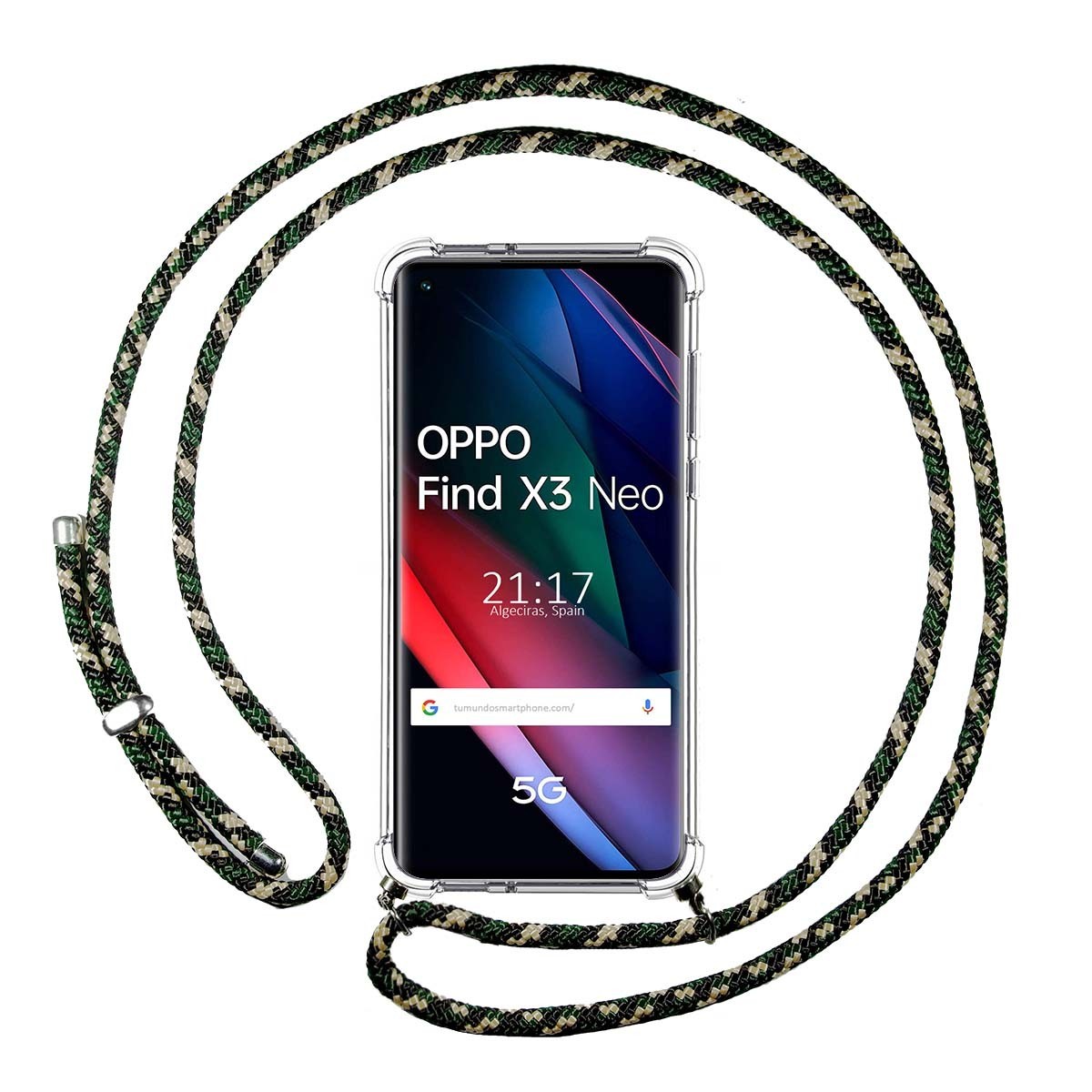 Tumundosmartphone Funda Colgante Transparente para Oppo Find X3 Neo 5G con Cordon Verde / Dorado