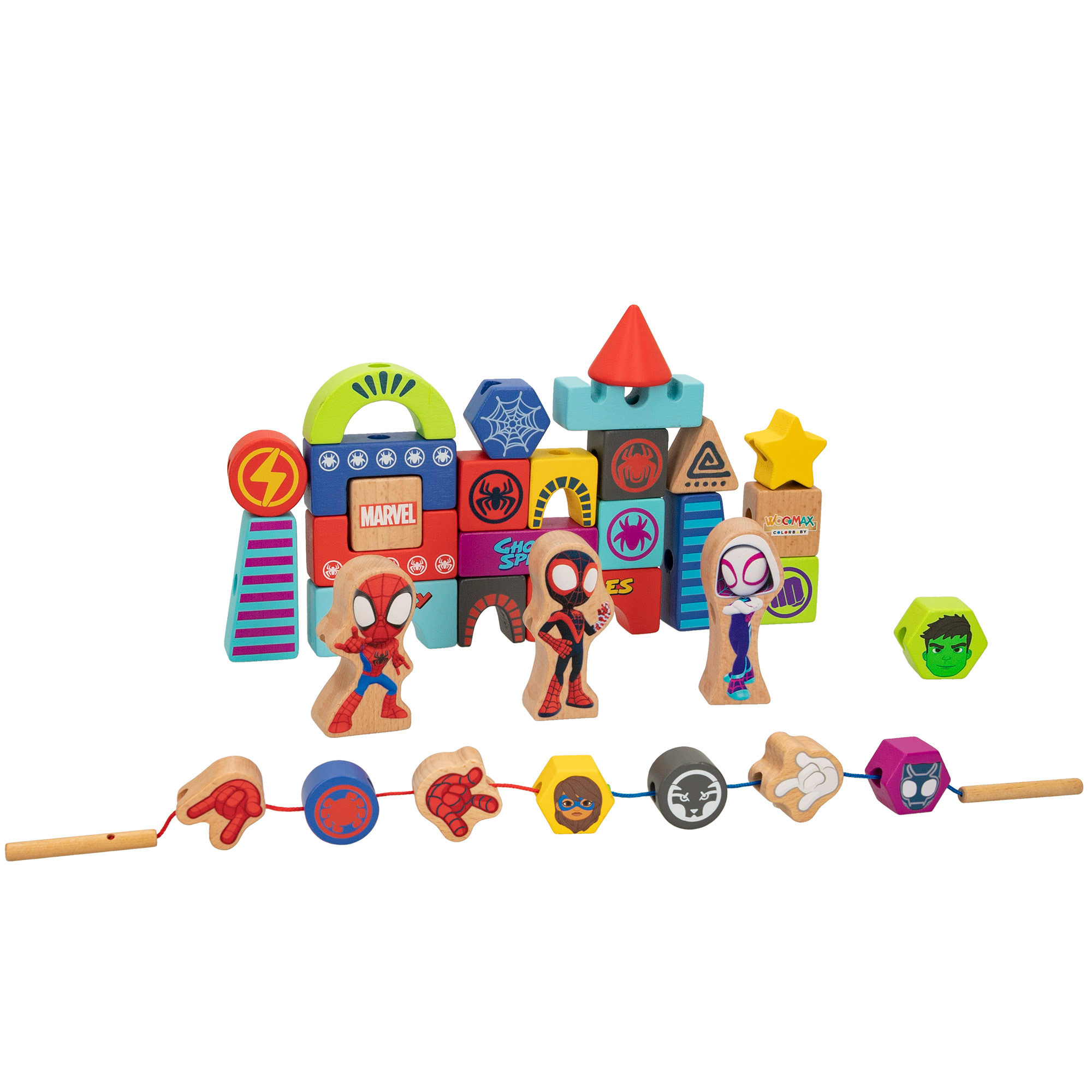 WOOMAX Spidey y su superequipo - Bloques de construcción madera para niños, juego para armar castillos, murallas y defensas, bloques de colores, contiene 35 piezas, mayores de 18 meses