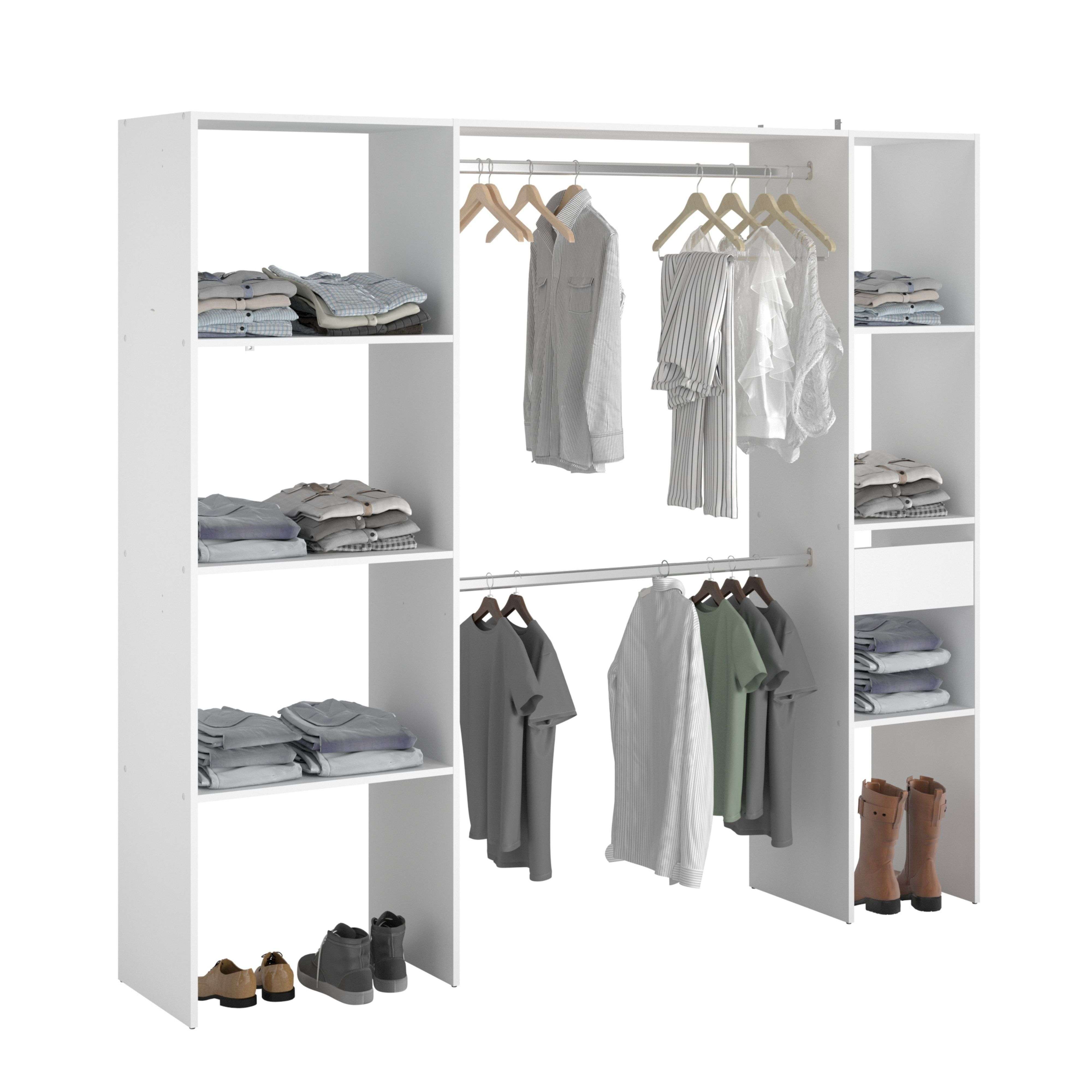 Miroytengo Vestidor Modular Abierto Custom para Dormitorio en Color Blanco Incluye Modulo B + C con 6 Estantes, 1 Cajón y 2 Barra 198x180 cm