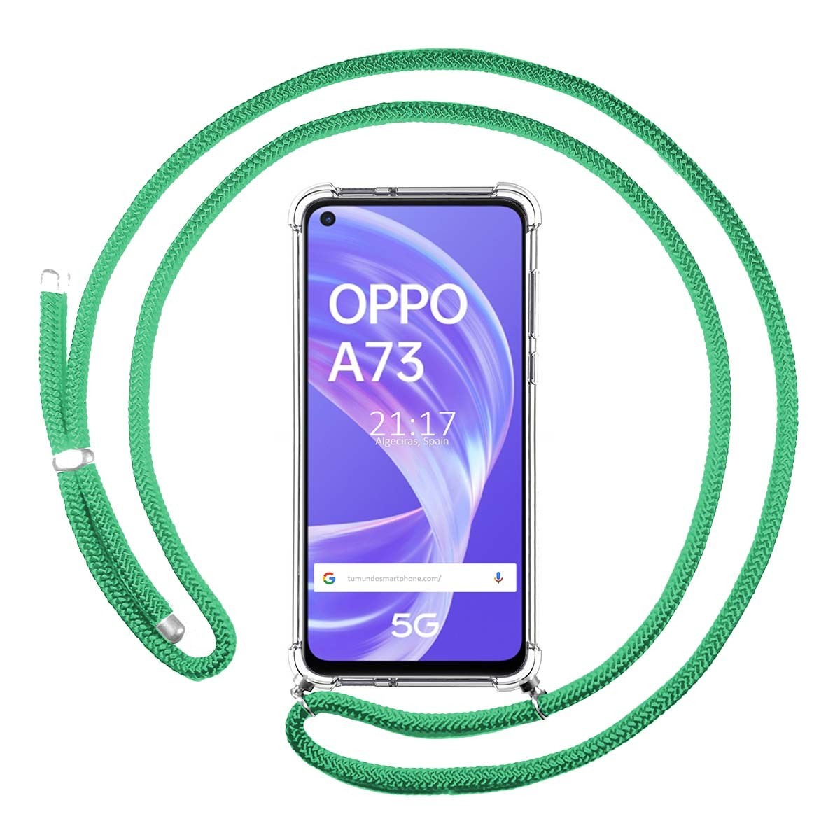 Tumundosmartphone Funda Colgante Transparente para Oppo A73 5G con Cordon Verde Agua