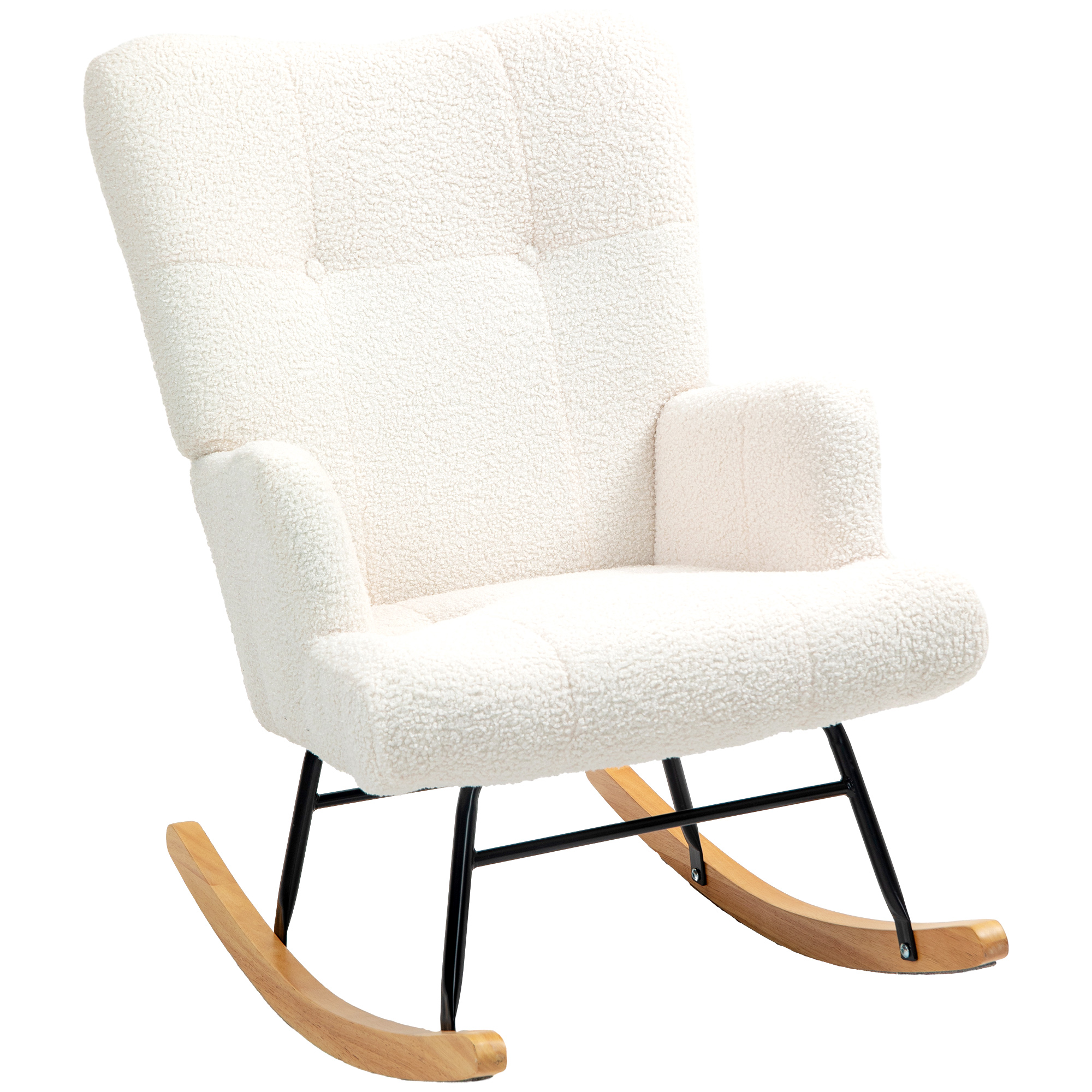 HOMCOM Mecedora de Borreguito Mecedora para Lactancia con Respaldo Capitoné y Base de Madera de Caucho Carga 120 kg Silla Mecedora para Salón Dormitorio a
