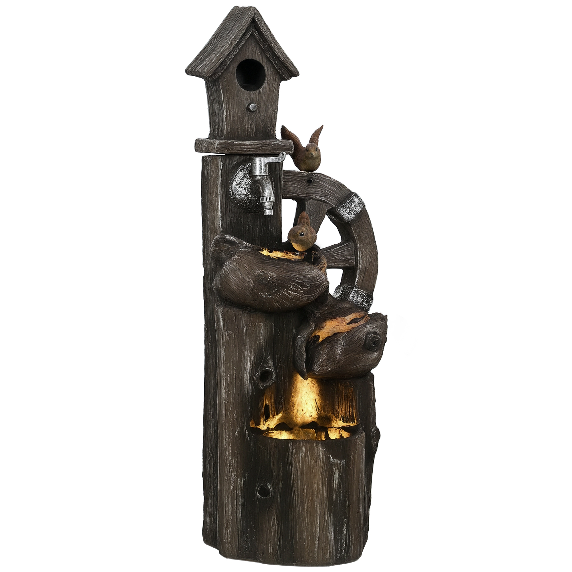 Outsunny Fuente de Agua 2 en 1 con Casita para Pájaros Fuente de Jardín con Iluminación LED Fuente Decorativa en Cascada de 4 Niveles para Jardín Patio Terraza 34,5x29,5x92 cm Multicolor