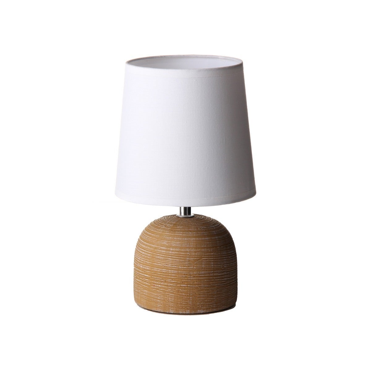 Lámpara de mesa de cerámica marrón y pantalla blanca cónica de 16x28 cm Punto de luz auxiliar para mesita de noche o salón. Cable de 110 cm con interruptor. Casquillo E14. No incluye bombilla CasaSelección