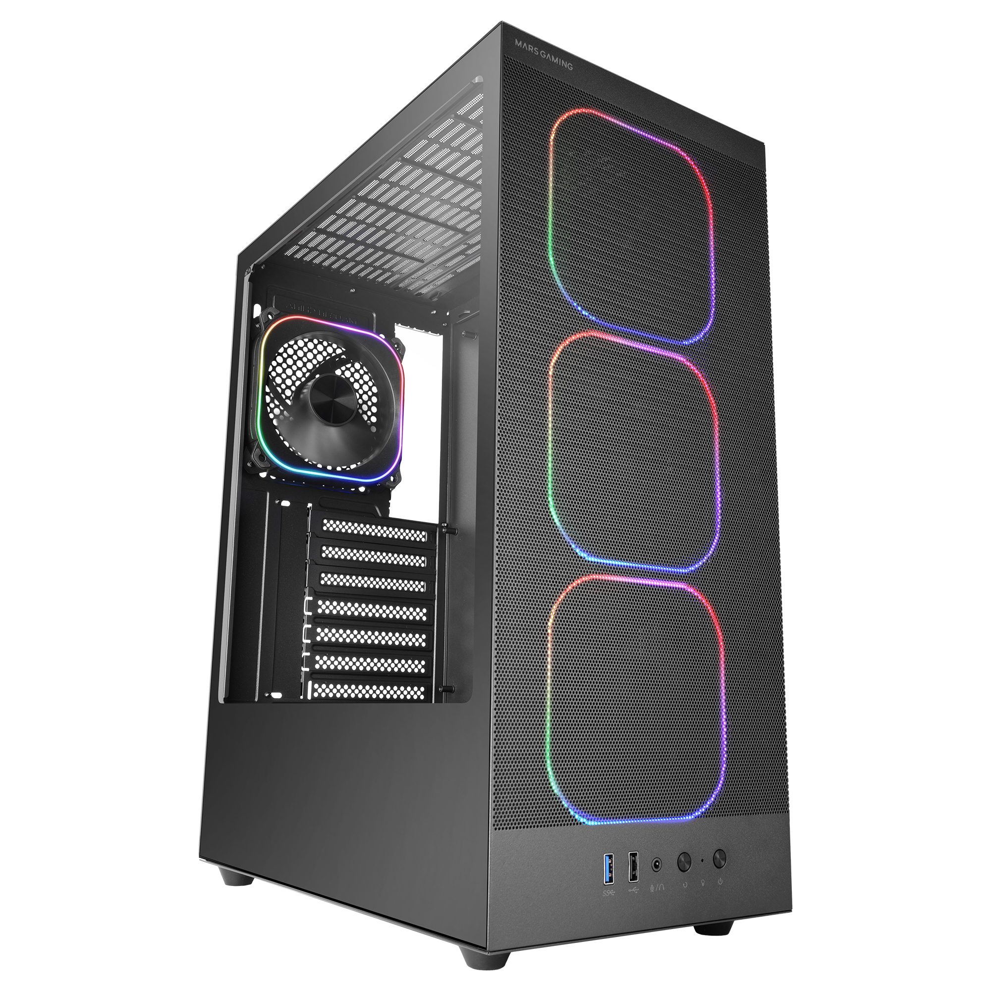 Mars Gaming MC-NEBULA Caja Gaming ATX, 4 Ventiladores Line-Glow ARGB 120 mm, Frontal Mesh Metálico de Microperforación, CableHatch, Lateral de Cristal Templado, Torre ATX Negro o Blanco
