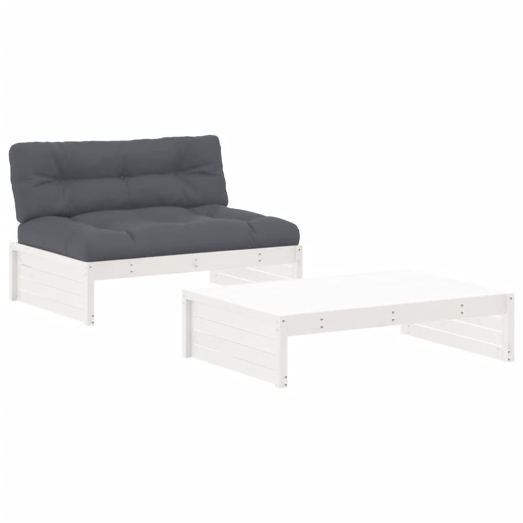 vidaXL Juego de muebles jardín 2 piezas y cojines madera maciza blanco