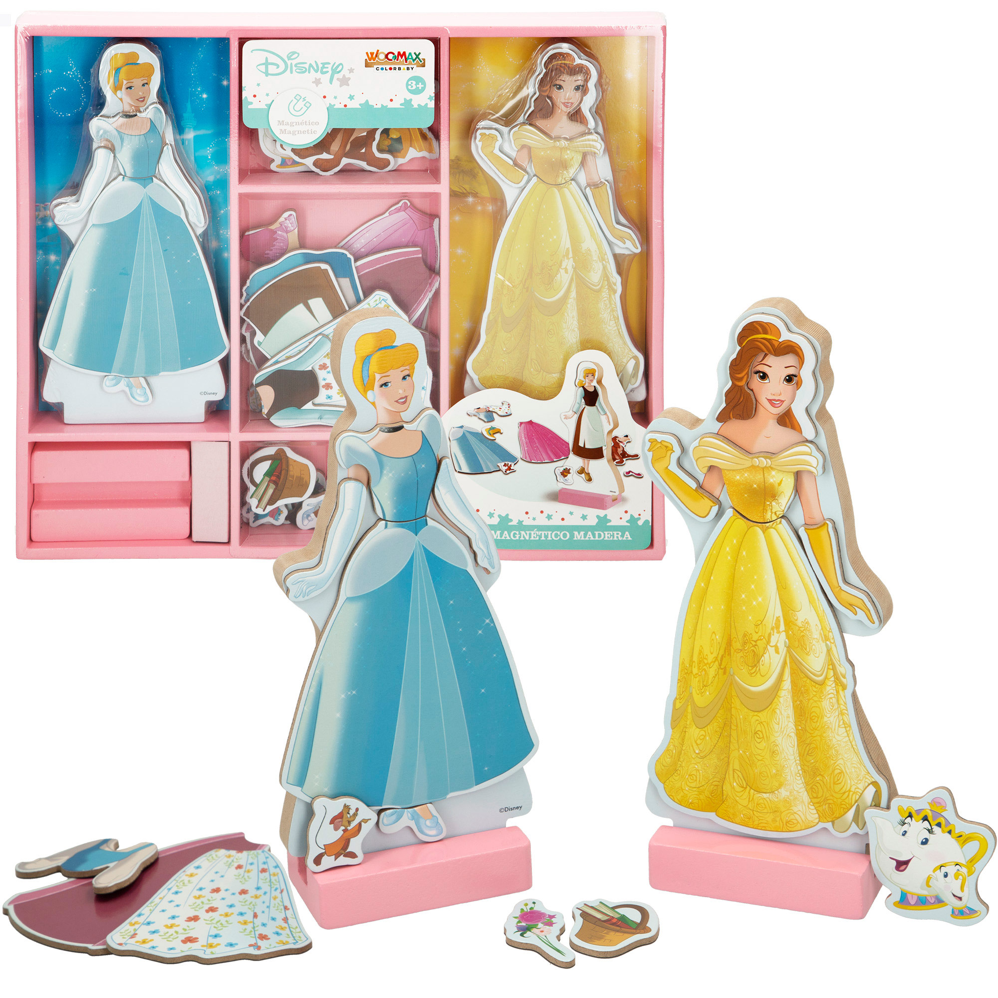 WOOMAX Disney - Figuras de madera, de Princesas, 54 piezas, juega y aprende, ecológico, magnético, puzle, creatividad, vestidos, aprendizaje, mayores de 3 años