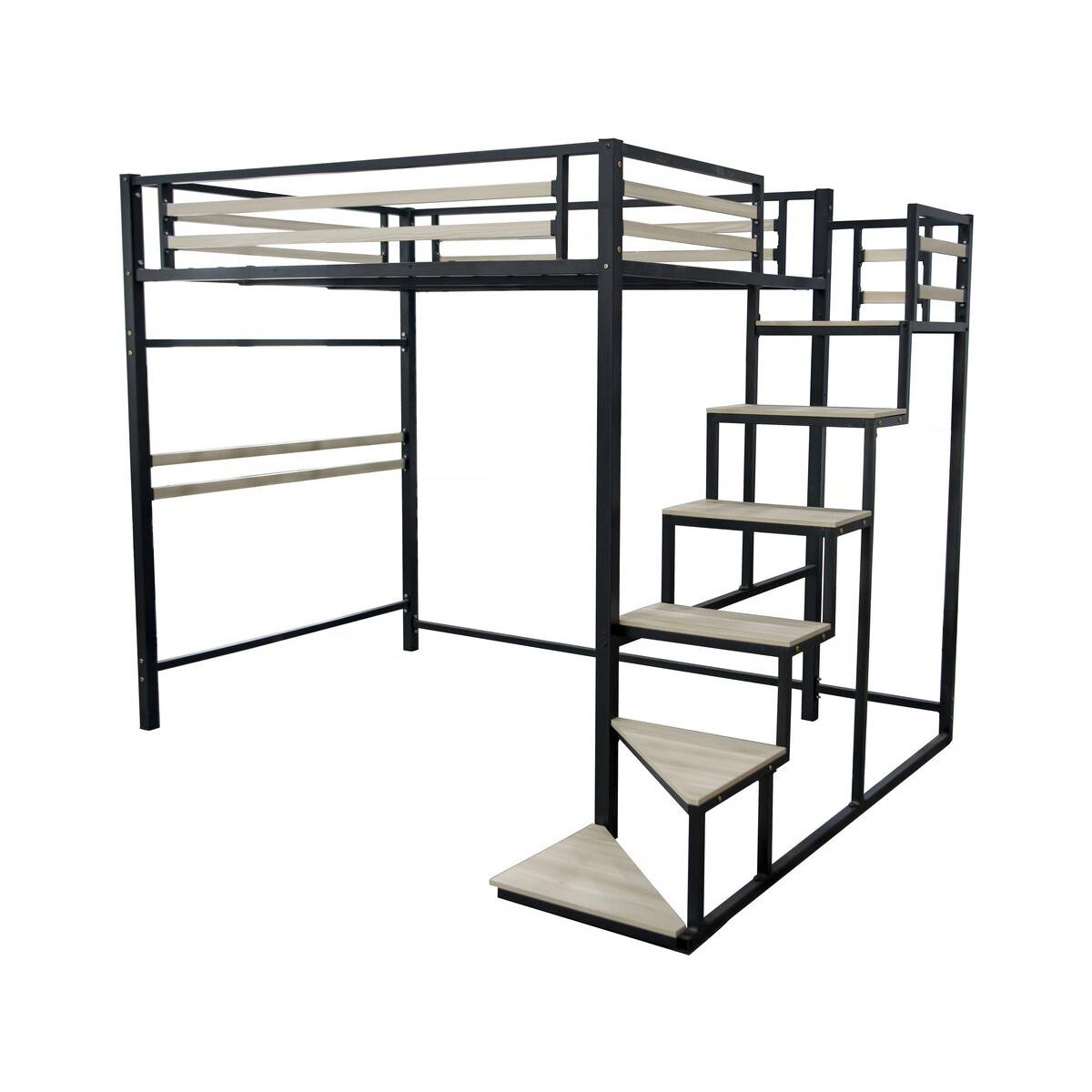 Habitat y Jardin - Cama alta de metal con escaleras "LENA" - 140 x 200 cm - Negro