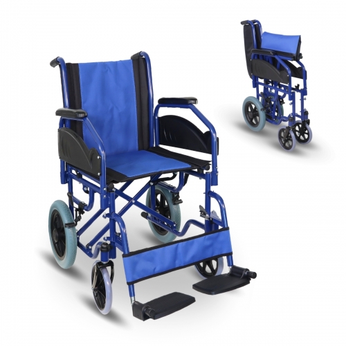 Silla de ruedas plegable Mobiclinic® Maestranza Frenos de estacionamiento Asiento de 45 cm Reposapiés extraíbles Reposabrazos abatibles y acolchados Ruedas pequeñas Resistente Color Azul
