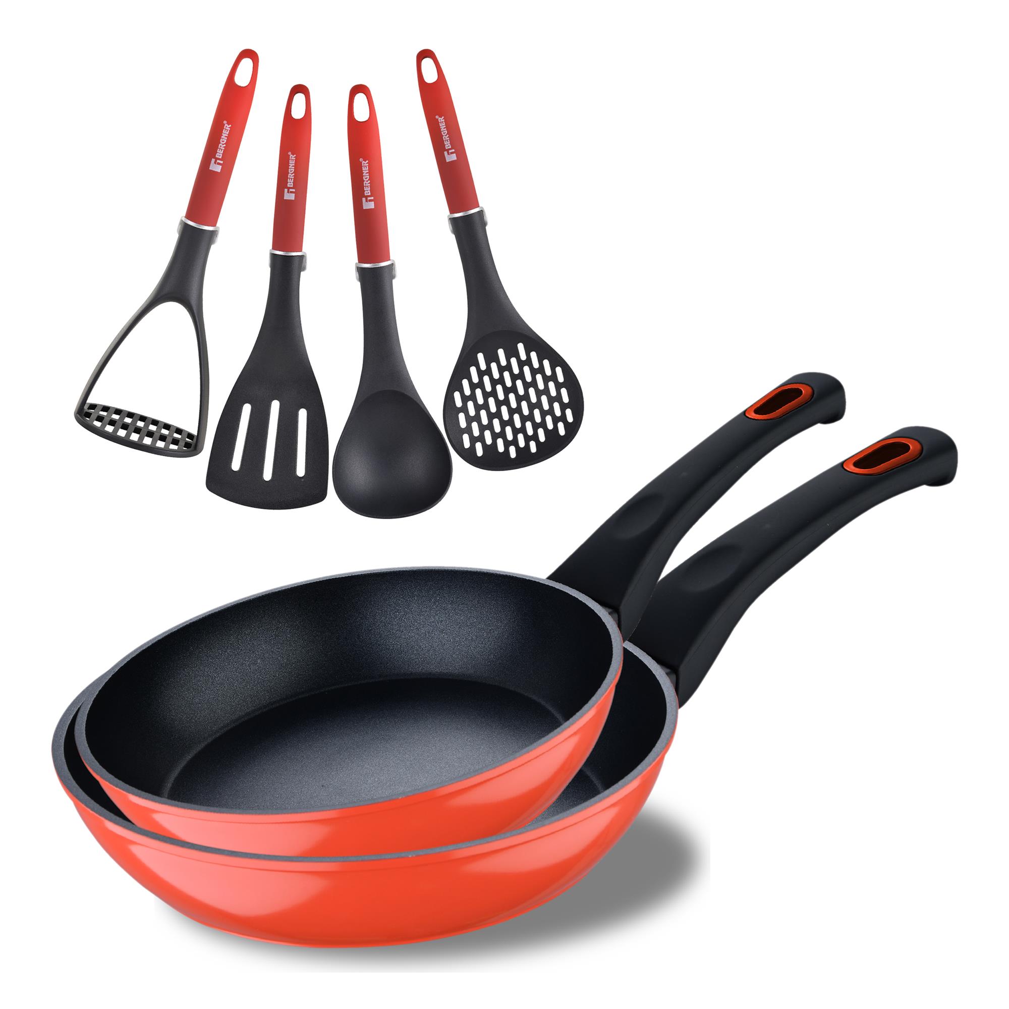 Juego de 2 Sartenes Ø20Ø24cm CLASSIQUE en aluminio forjado antiadherentes + Utensilios de cocina verdes Bergner
