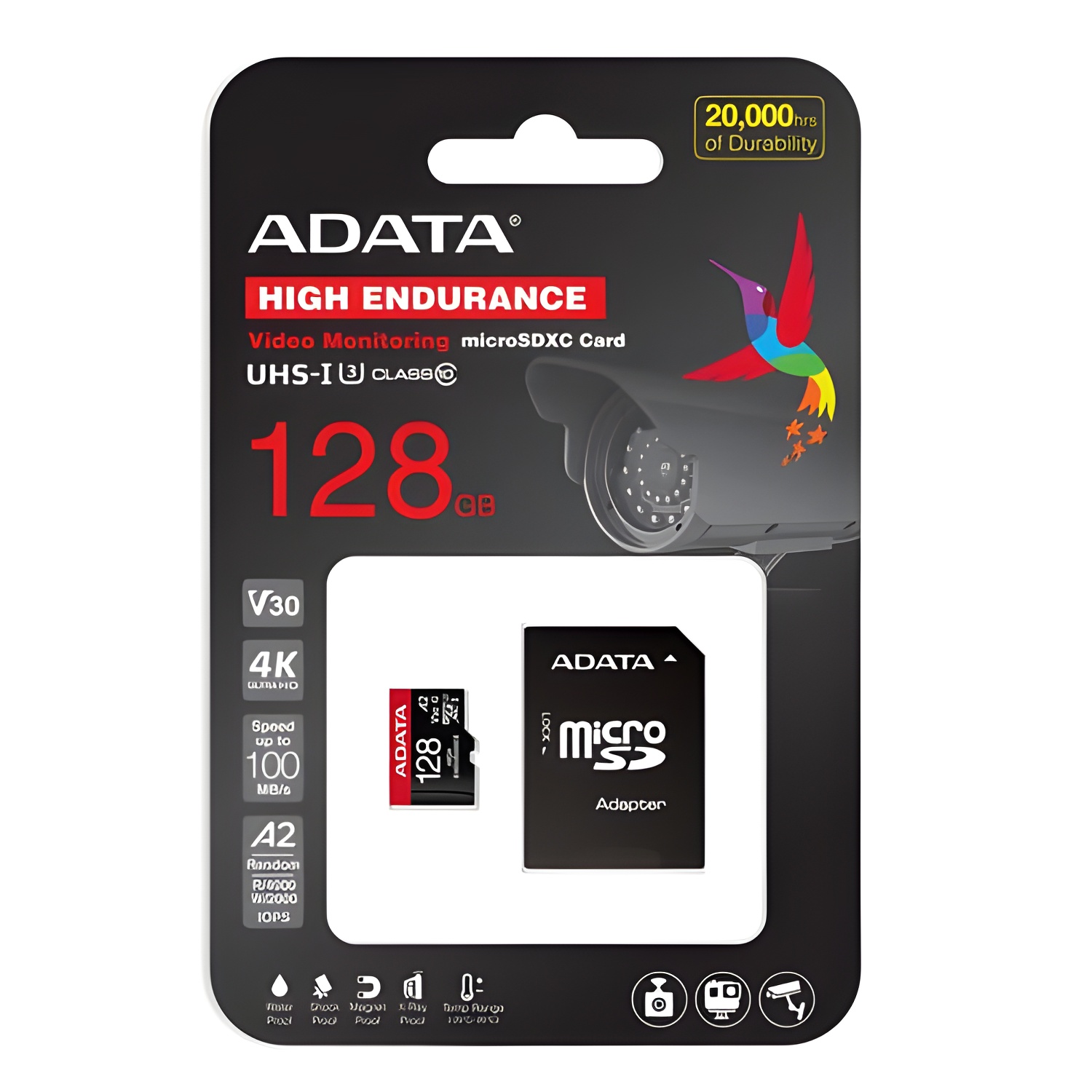 Microsd adata 128gb cl10 uhs-i u3 v30s 100/80mbps + adaptador sd