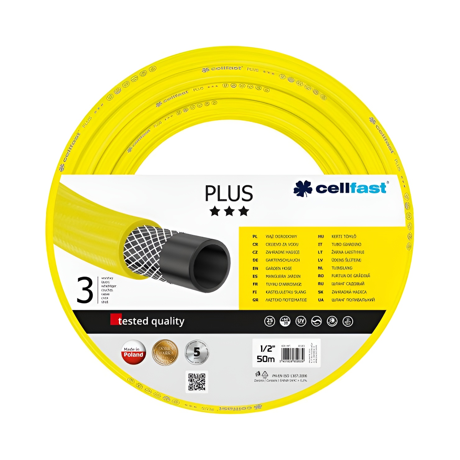 Cellfast 10-201 garden hose 1/2", 50m UV resistant and flexible for drip irrigation, designed with a 3-layer construction to withstand -20/+60°C temperatures and ensure durability for all your gardening needs.