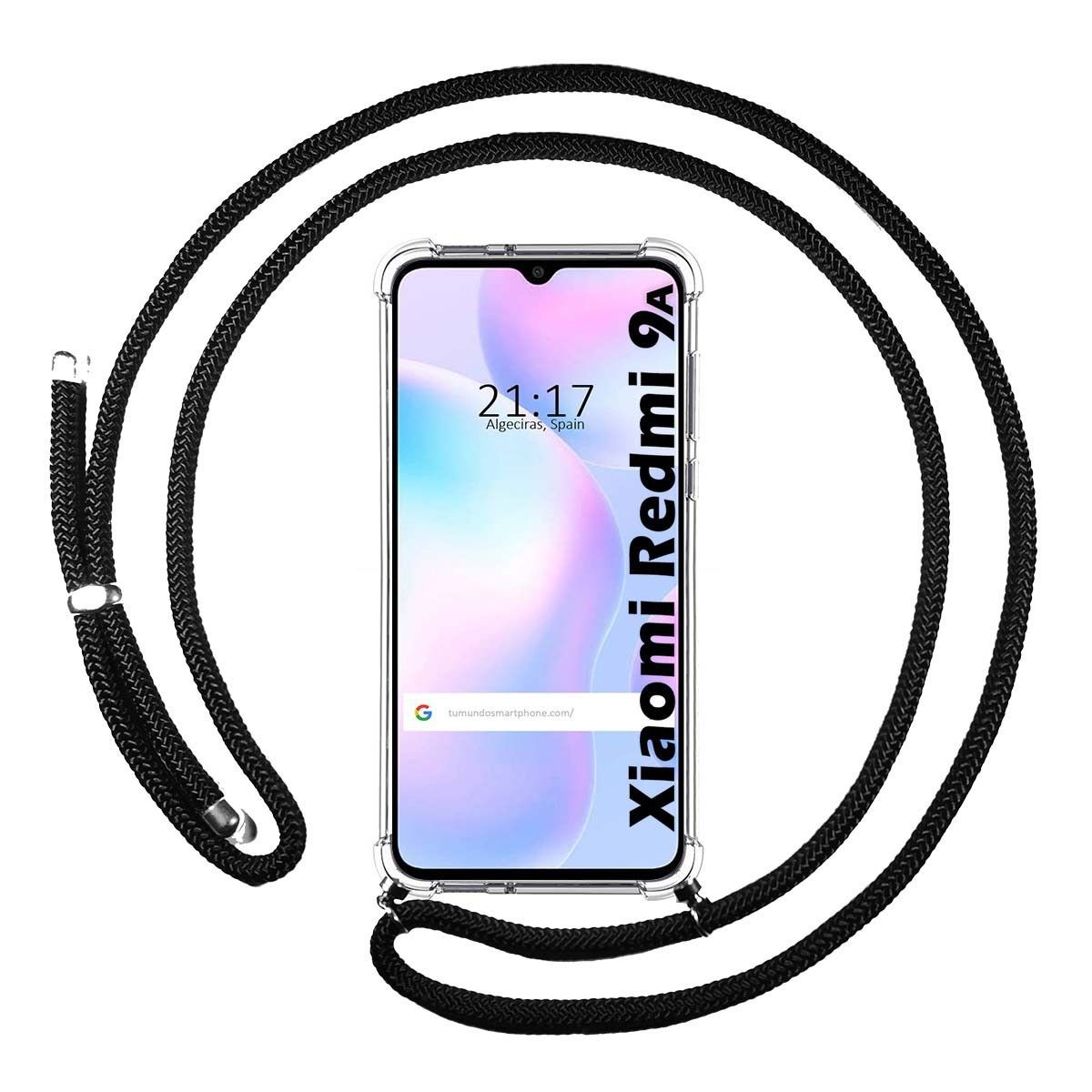 Tumundosmartphone Funda Colgante Transparente para Xiaomi Redmi 9A / 9AT con Cordon Negro