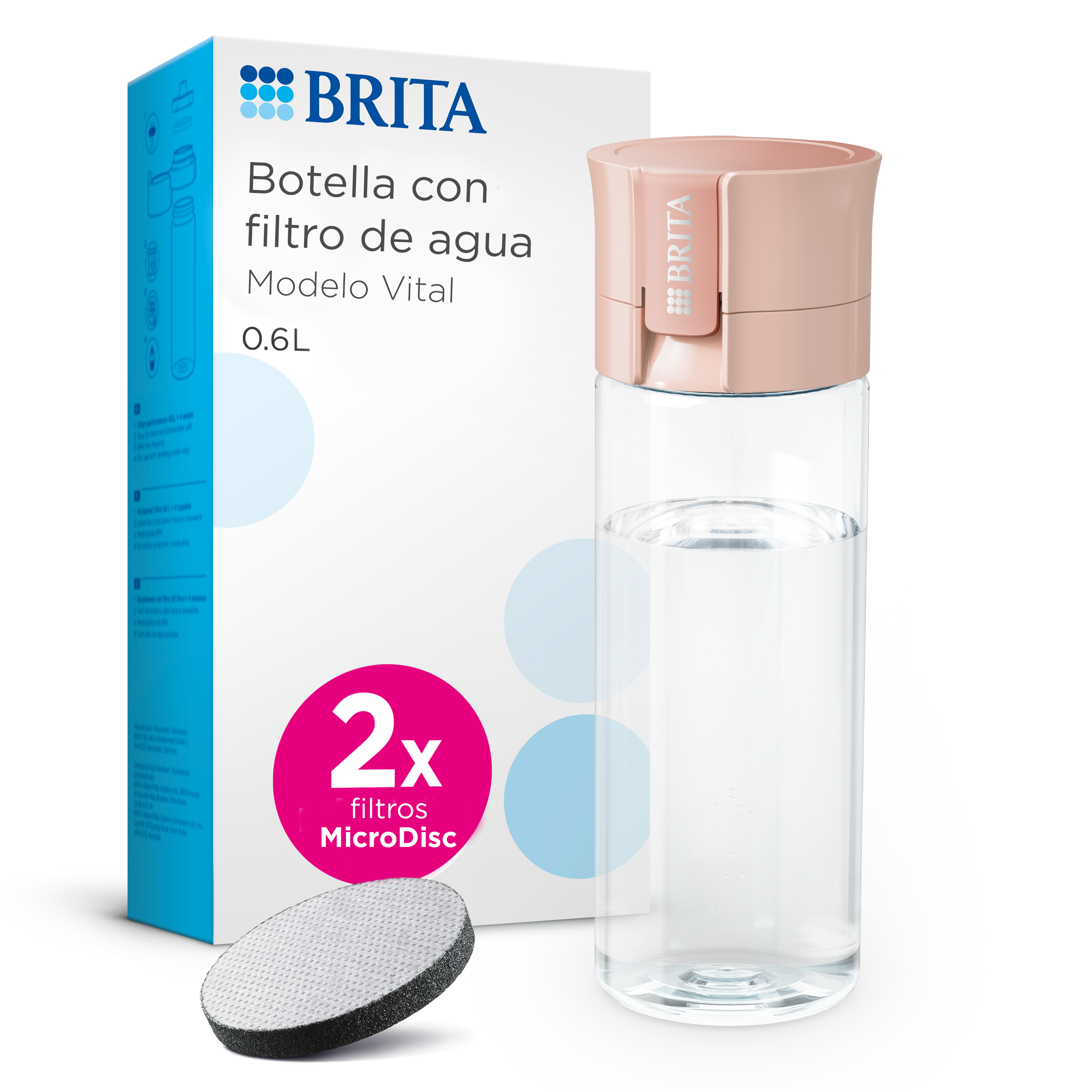 BRITA botella con filtro de agua modelo Vital (600 ml), x2 filtros BRITA MicroDisc Rosa Apricot, para hidratarse en cualquier lugar, elimina cloro, impurezas, hormonas y preserva minerales