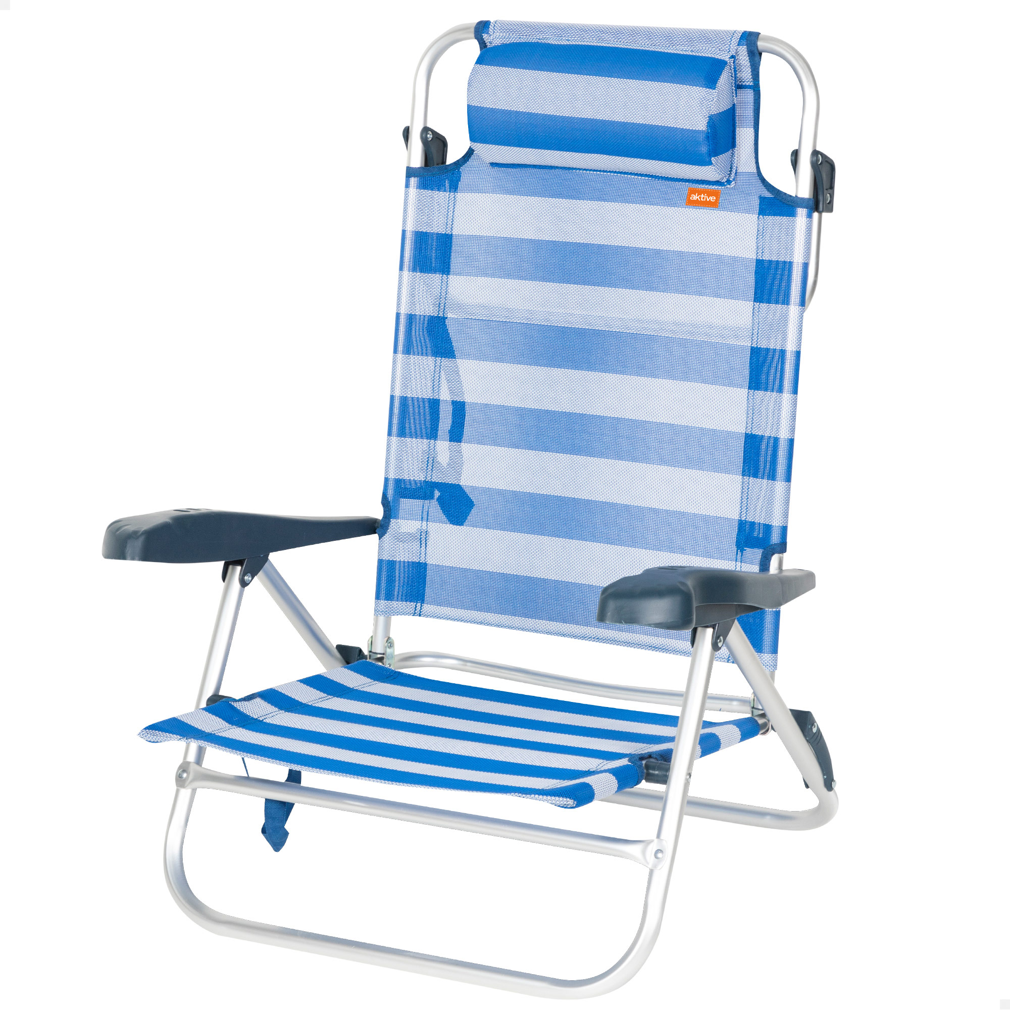 Aktive - Silla de playa plegable_ 47x49x82 cm_ respaldo 8 posiciones_ aluminio y textileno_ asiento bajo_ incluye cojín acolchado_ sin tubo delantero_ asa de transporte_ silla reclinable de playa_ multiposición_ silla playa plegable ligera