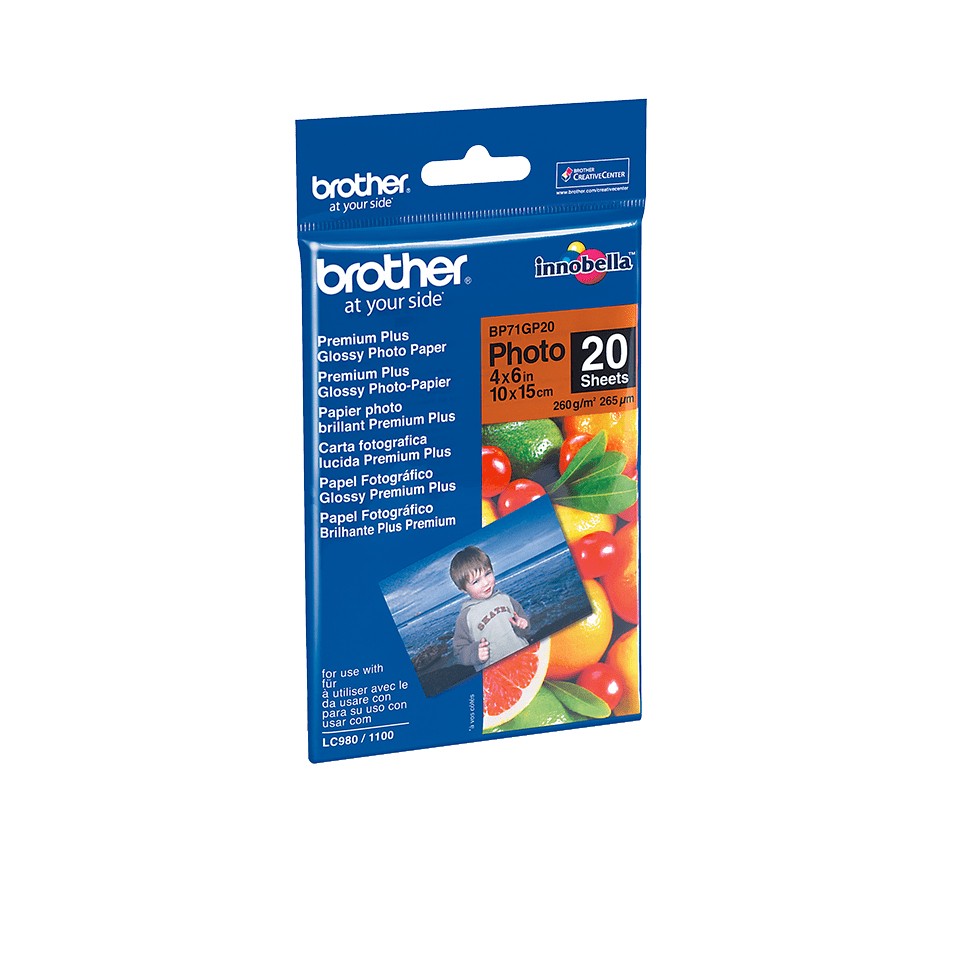 Brother Bp71gp20 - Pack de 20 Hojas de Papel Fotográfico Glossy Premium 10x15 Cm