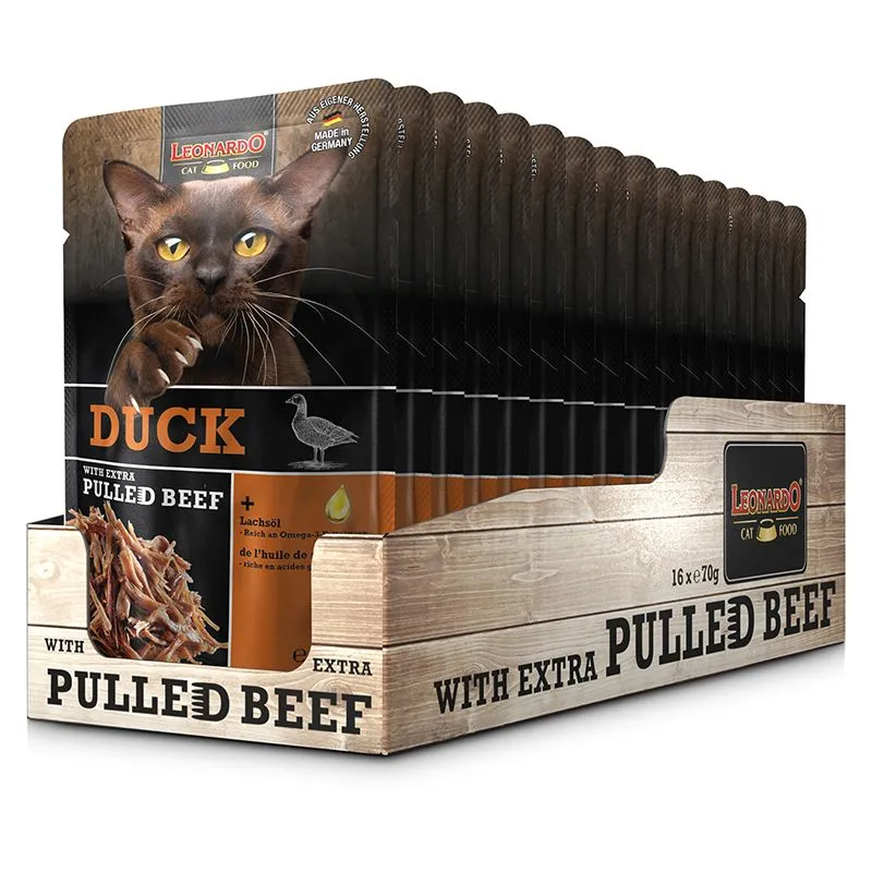 Leonardo Pulled Beef para Gatos – Paté con Carne Desmenuzada en Sobres (Packs de 16 x 70g) | Comida Húmeda Premium y Nutritiva Marca Leonardo Cat Food