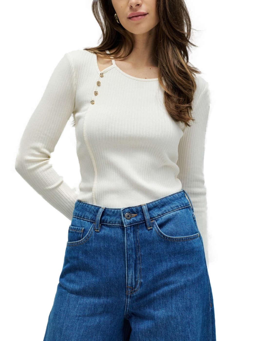 Camiseta Salsa blanco manga larga canalé para mujer