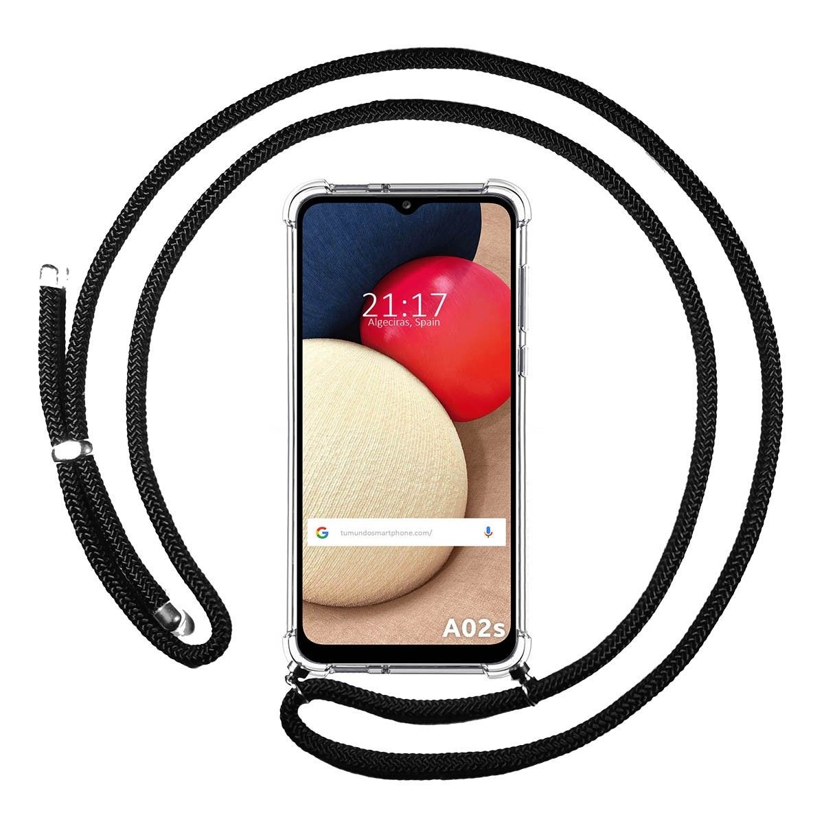 Tumundosmartphone Funda Colgante Transparente para Samsung Galaxy A02s con Cordon Negro