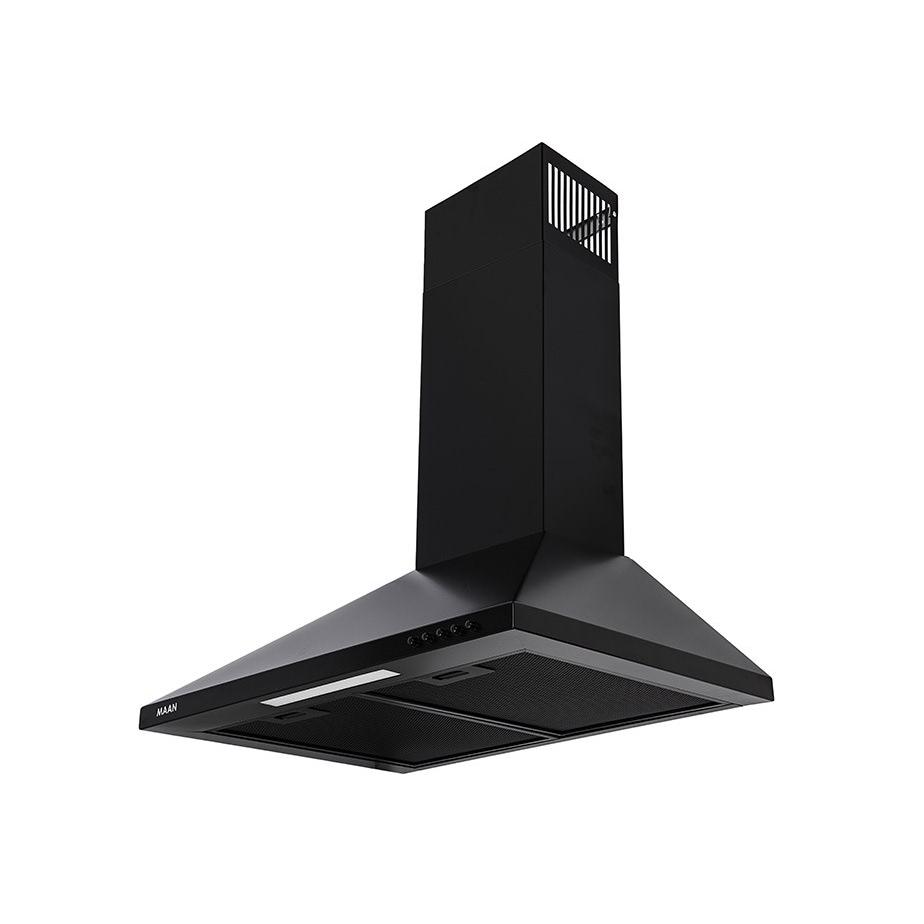 Maan Vela 2 60 Black Wall Mounted Kitchen Extractor Hood with 320 m³/h extraction, 3 speeds, aluminum grease filter, LED light, 600 mm width, made of steel, energy efficiency A+++ to D, perfect for smoke removal.