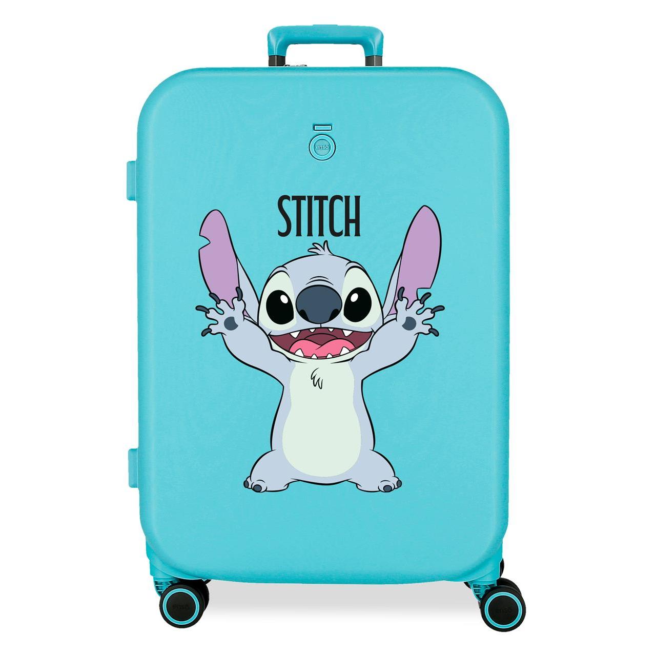 Maleta mediana Stitch Playful de 48 cm x 70 cm x 28 cm. Tiene una capacidad de 79L y pesa 4 kg. Fabricada en ABS, un material resistente y ligero.