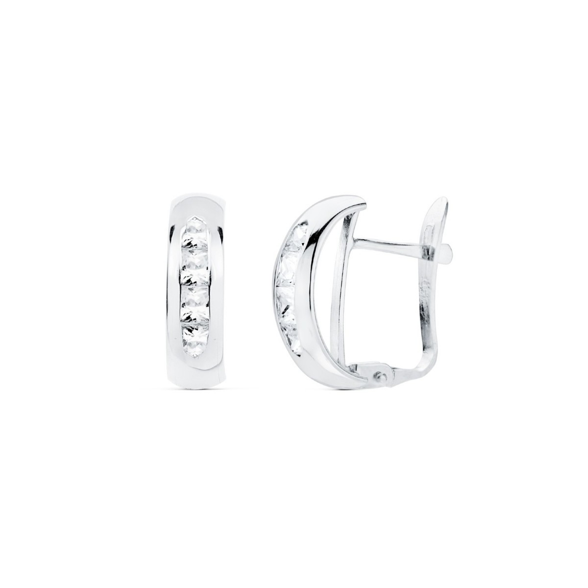 Pendientes oro blanco 18k mujer 13.5mm. medio aro banda lisa centro carril circonitas cierre catalán