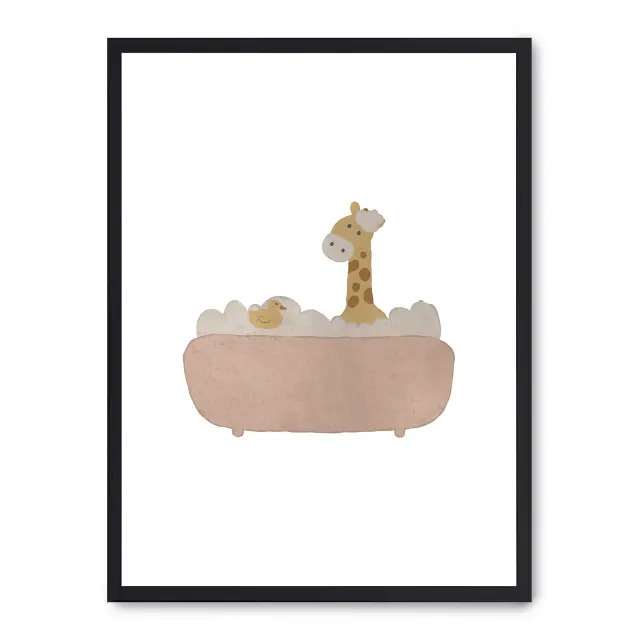 Cuadro giraffe bathing 30x40cm, Póster impreso en papel de primera calidad de 180gr, montado sobre marco de madera MDF acabado en negro., Infantil - Bebé