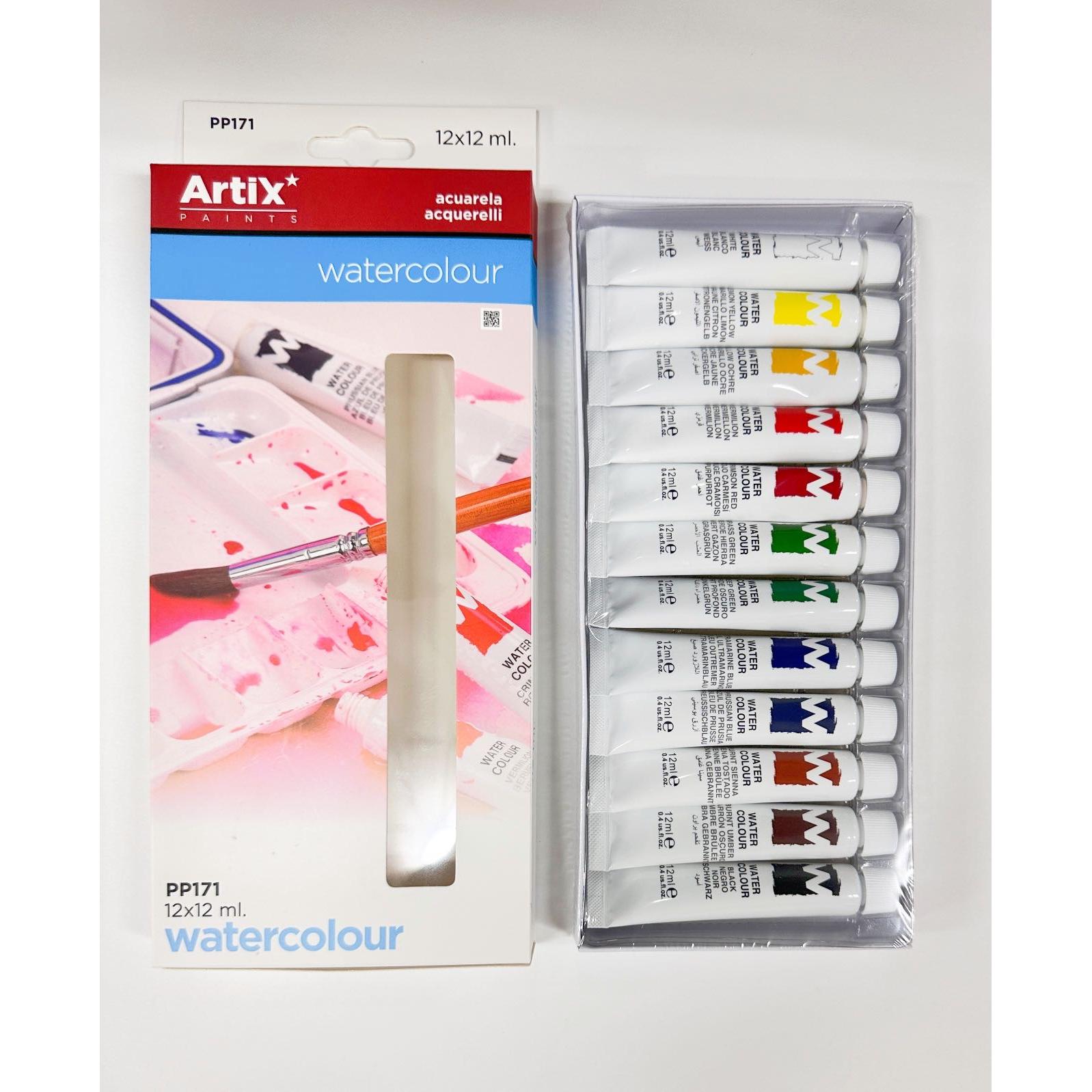 MP - MP-ARTIX PAINTS, Set Pinturas Acuarela para Artistas, 12 tubos de 12 ml, No Tóxico, Colores Surtidos, Paleta de Colores, Técnicas de pintura, Ideal para Efectos de Agua