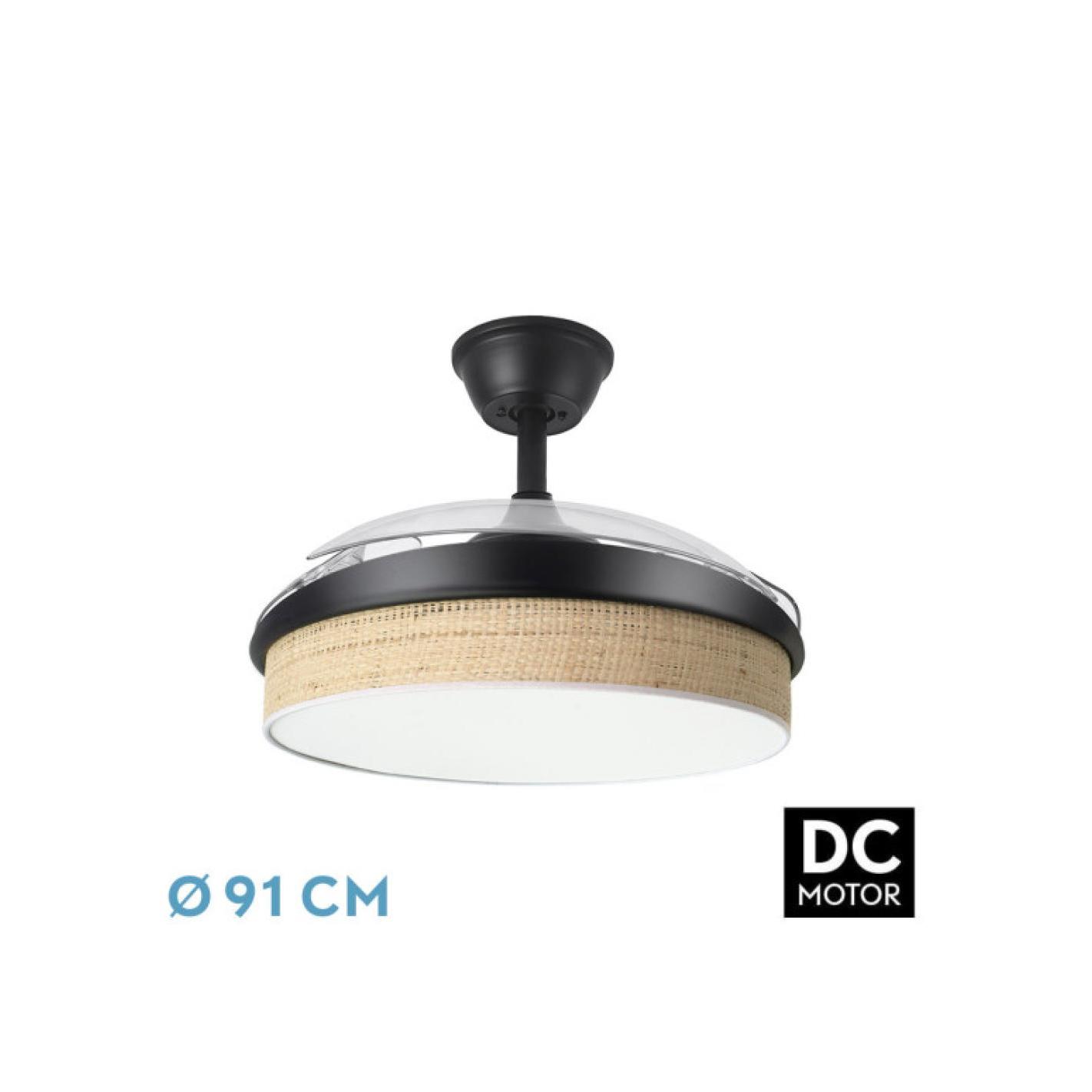 Fabrilamp - Ventilador Dc Moda 72w Negro/cañizo Claro 91d 3aspas 7200lm 3000-4000-6000k Remoto+ Memoria+ Temporizador