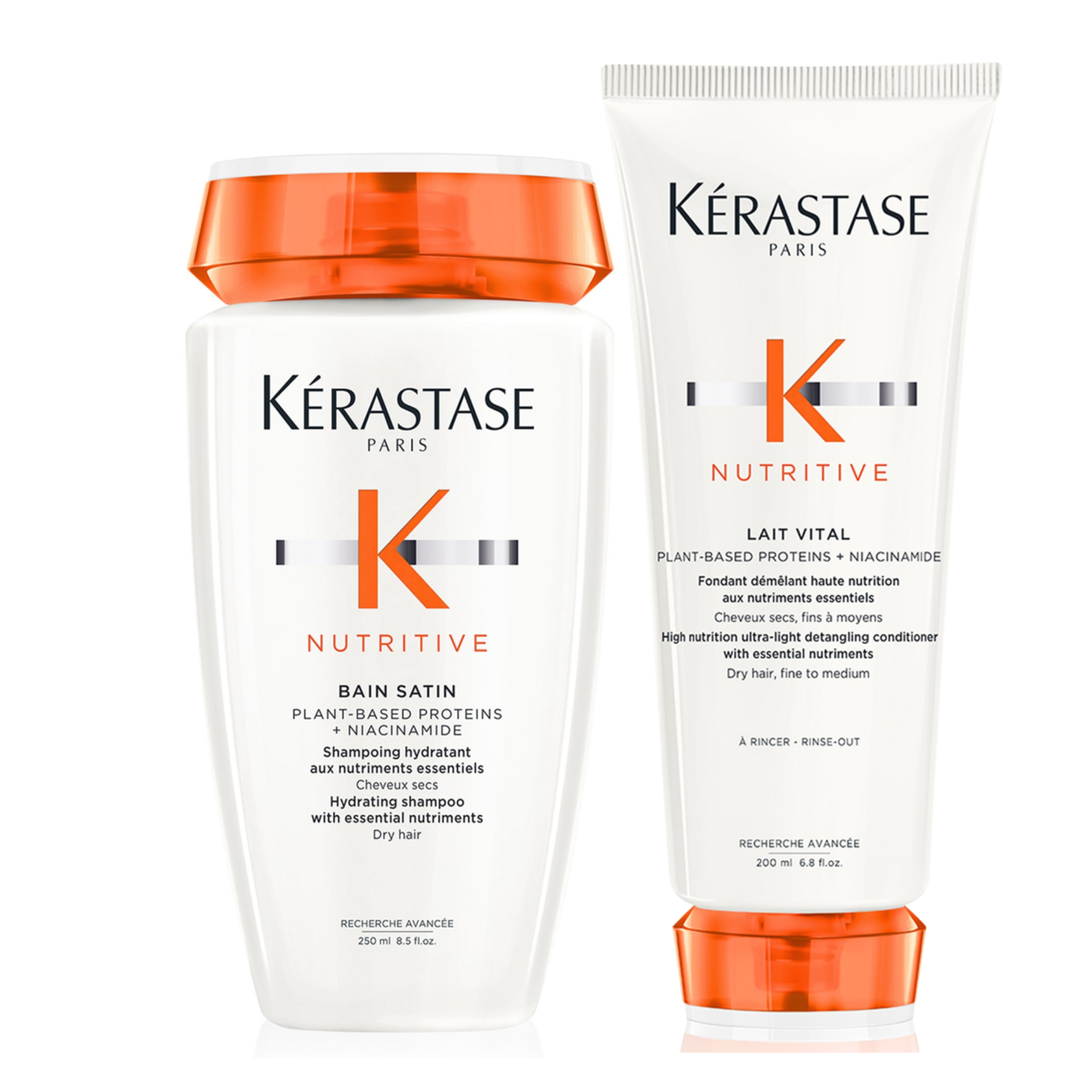 Kérastase Nutritive Bain Satin 250 ml + Lait Vital 200 ml – Champú Hidratante + Acondicionador Nutritivo para Cabello Seco Fino a Medio