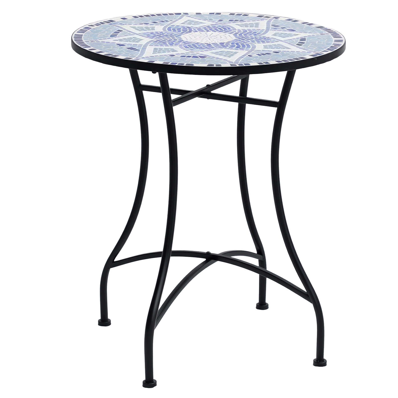 Outsunny Mesa de Jardín Redonda Mesa de Terraza Exterior Ø60x71 cm con Encimera de Mosaico Decorativo Carga 100 kg Mesa para Exterior Patio Azul y Blanco