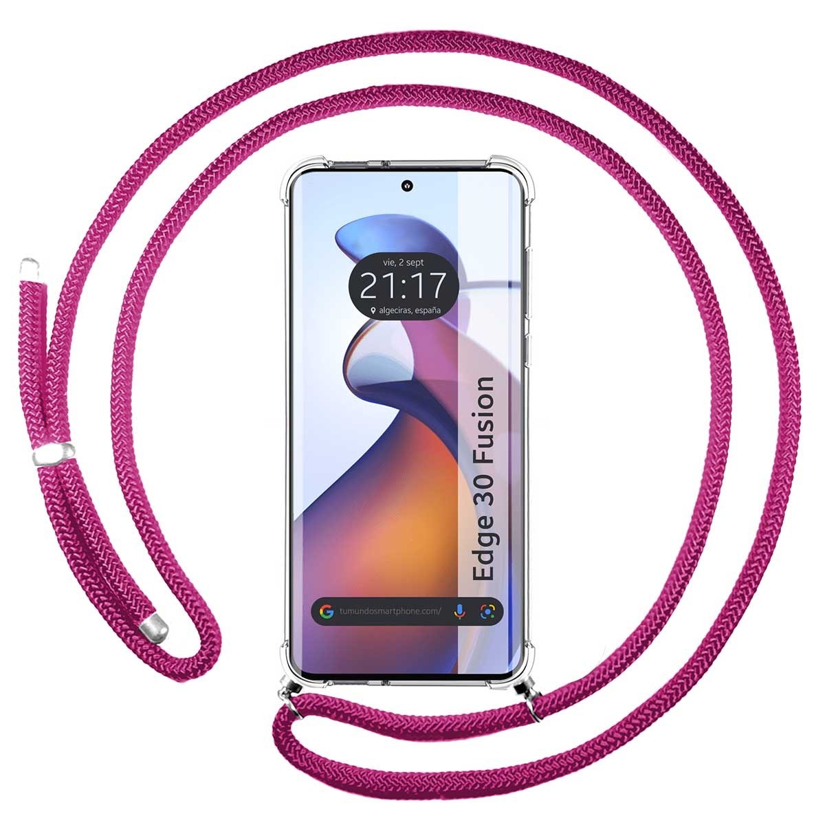 Tumundosmartphone Funda Colgante Transparente para Motorola Edge 30 Fusion 5G con Cordon Rosa Fucsia - Protección Móvil