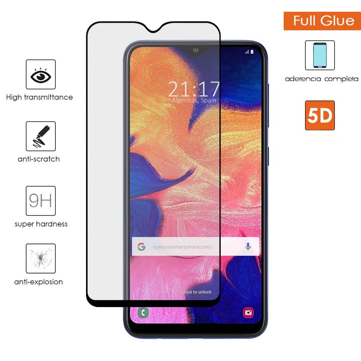 Tumundosmartphone Protector Cristal Templado Completo 5D Full Glue Negro para Samsung Galaxy A10 Vidrio