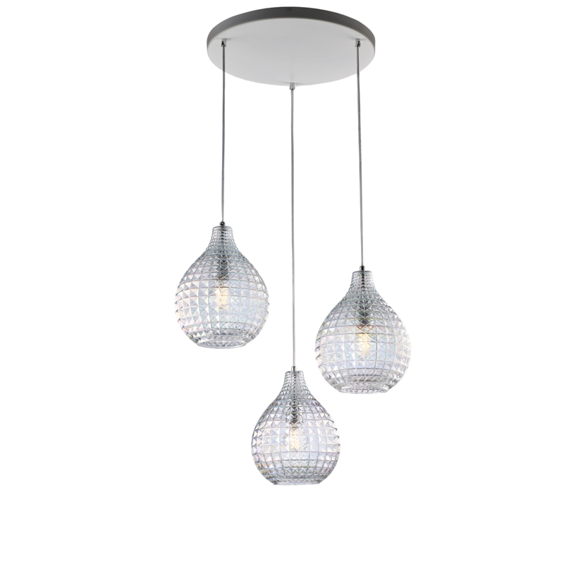Diamante - Lámpara colgante blanca y cromo con cables orientables y cristal transparente efecto diamante, 3 luces - Belight
