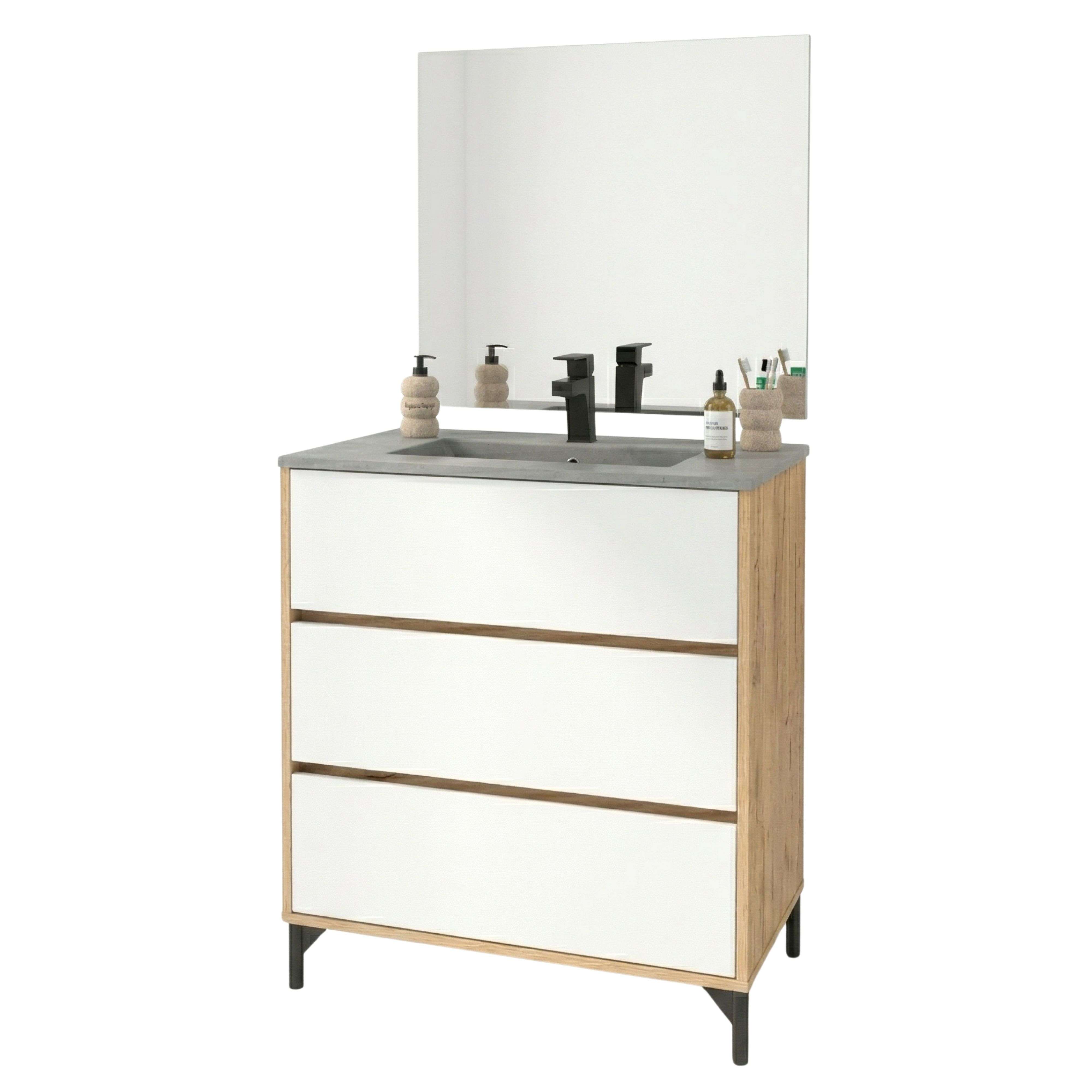 Miroytengo Mueble de Baño para Lavabo 80 cm Elba 3 Cajones Guías Metálicas Blanco Mate y Roble Kraft (Lavabo Cerámico)