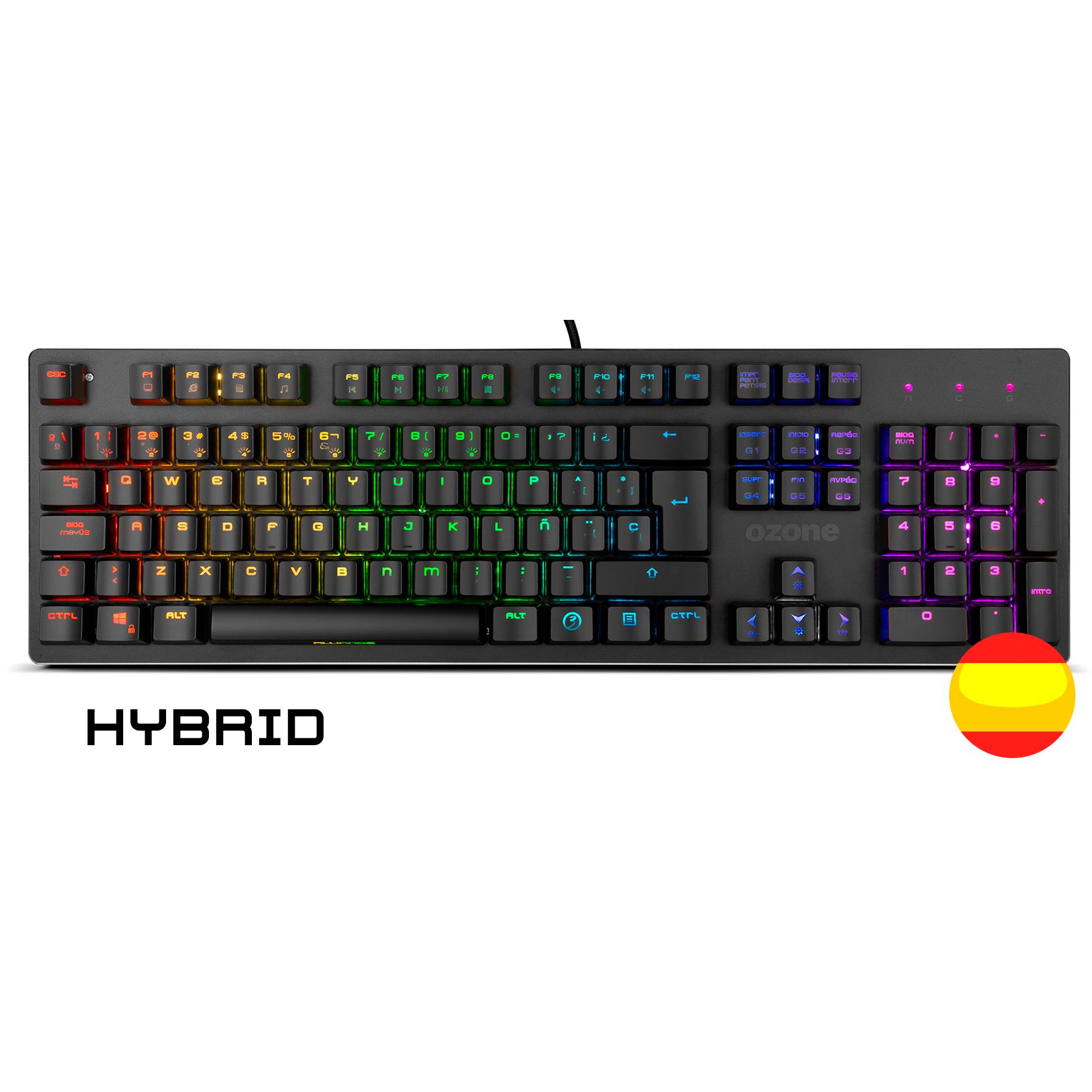 Teclado Gaming Ozone Alliance Híbrido Mecanico - Keyboard gamer - Switches híbridos CrossTech, 9 Efectos de Iluminación, Tecnología Reactiva, Silencioso, Numerico, Layout Español