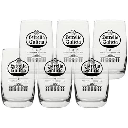 Estrella Galicia - Pack de 6 Vasos de Cristal para Cerveza con Capacidad de 25 cl, Diseño Original y Exclusivo con el Logo de Estrella Galicia, Especial para Regalar
